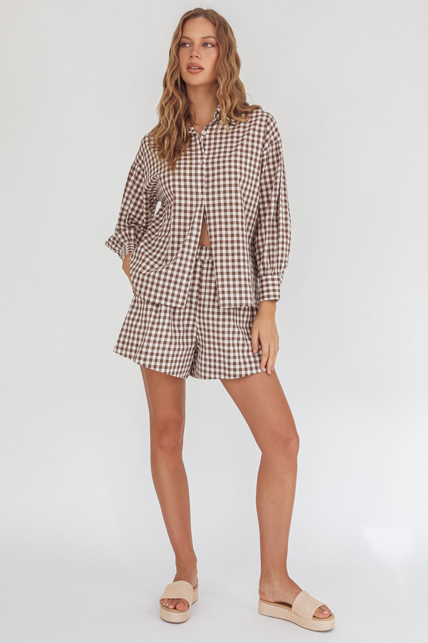 Weekends Away Long Sleeve Button Top Brown Check by Selfie Leslie