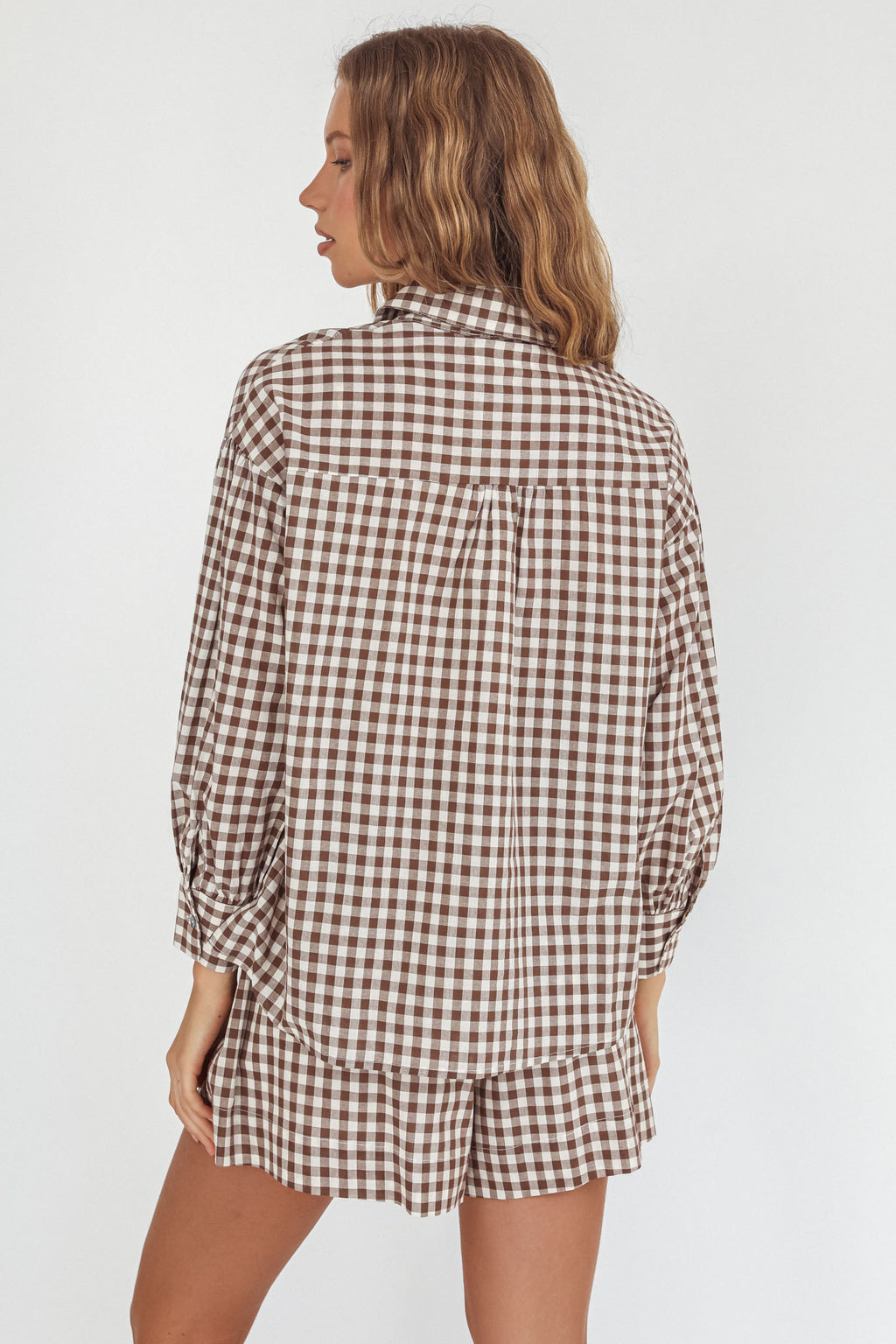 Weekends Away Long Sleeve Button Top Brown Check by Selfie Leslie