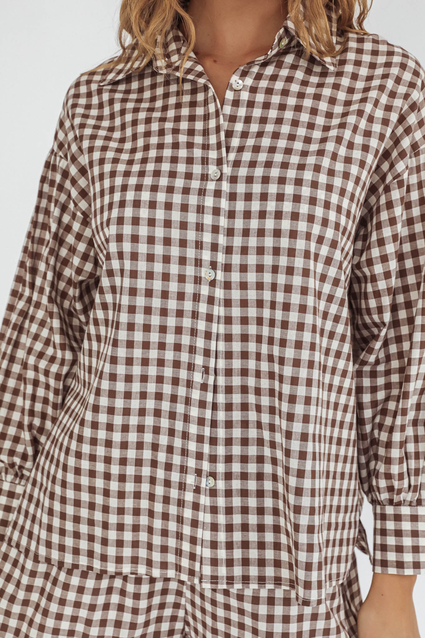 Weekends Away Long Sleeve Button Top Brown Check by Selfie Leslie