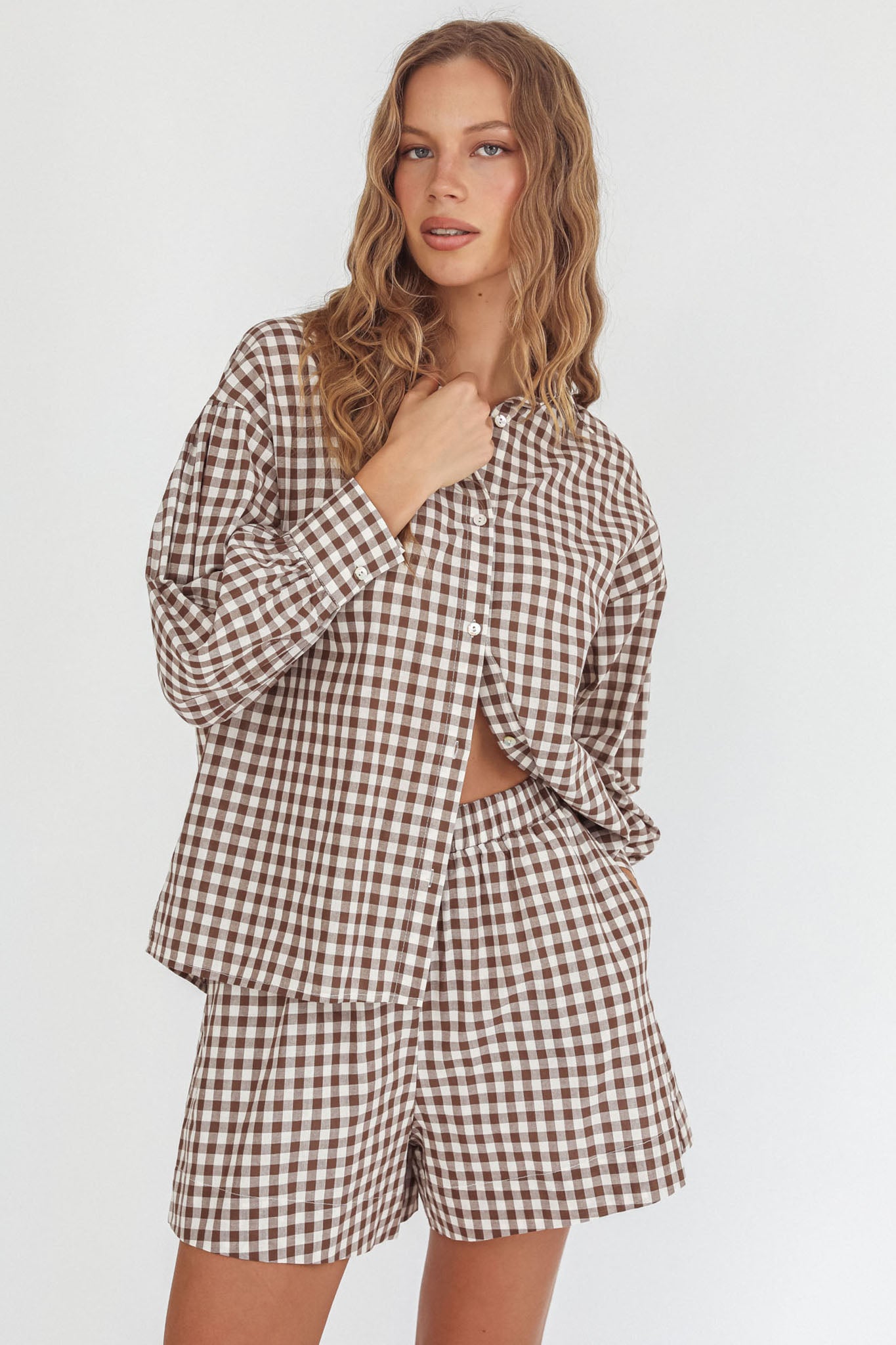 Weekends Away Long Sleeve Button Top Brown Check by Selfie Leslie