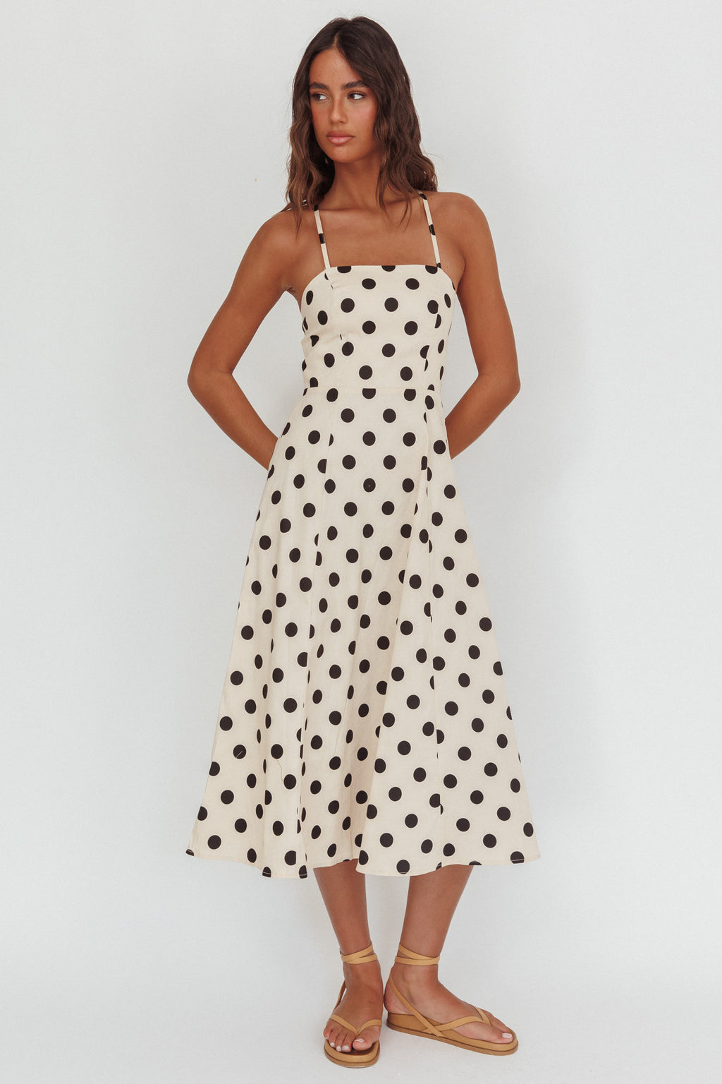 Second Glance Olga Criss-Cross Back Midi Dress Polka Dot Beige - L Second Glance Olga Criss-Cross Back Midi Dress Polka Dot Beige - L