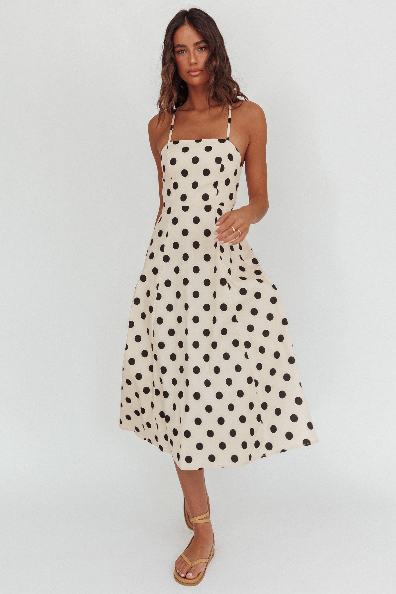 Second Glance Olga Criss-Cross Back Midi Dress Polka Dot Beige by Selfie Leslie