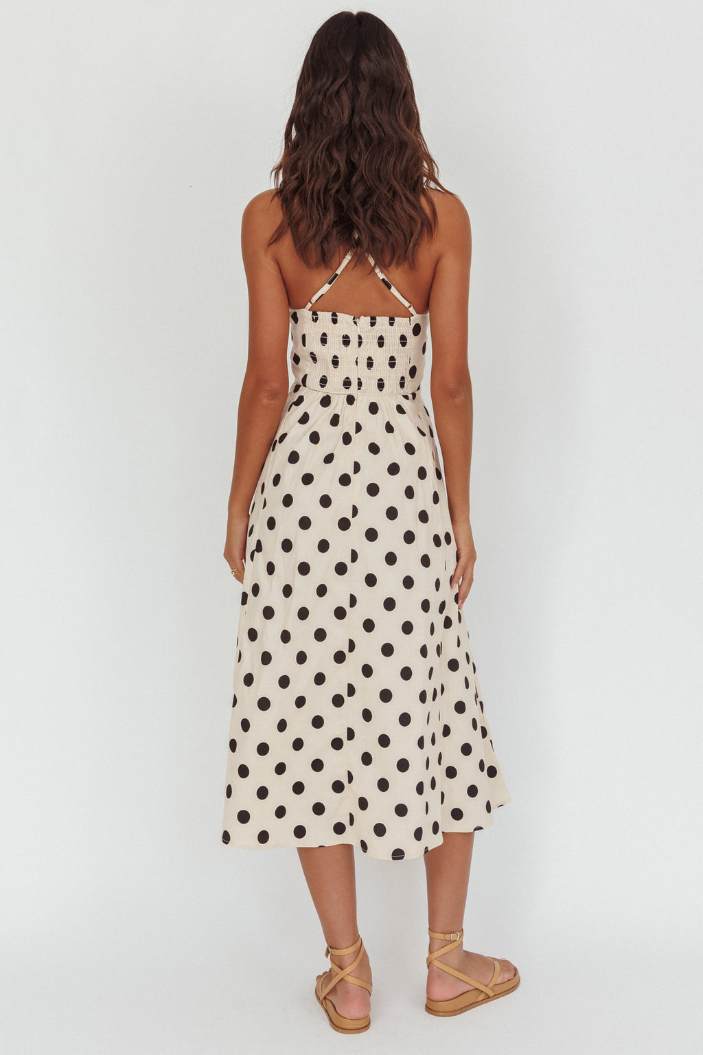Second Glance Olga Criss-Cross Back Midi Dress Polka Dot Beige by Selfie Leslie