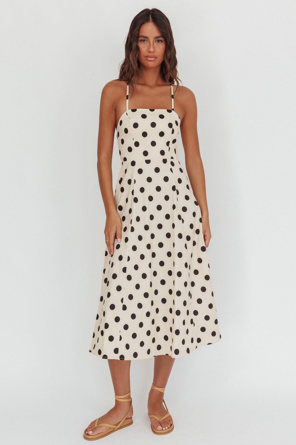Second Glance Olga Criss-Cross Back Midi Dress Polka Dot Beige by Selfie Leslie