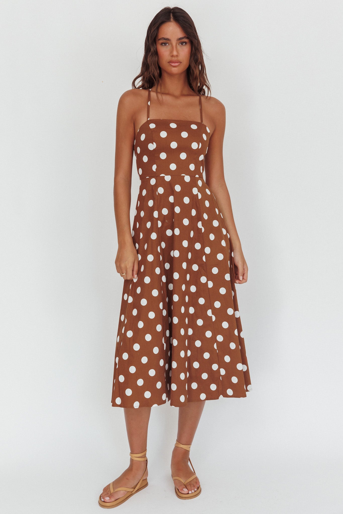 Second Glance Olga Criss-Cross Back Midi Dress Polka Dot Brown by Selfie Leslie