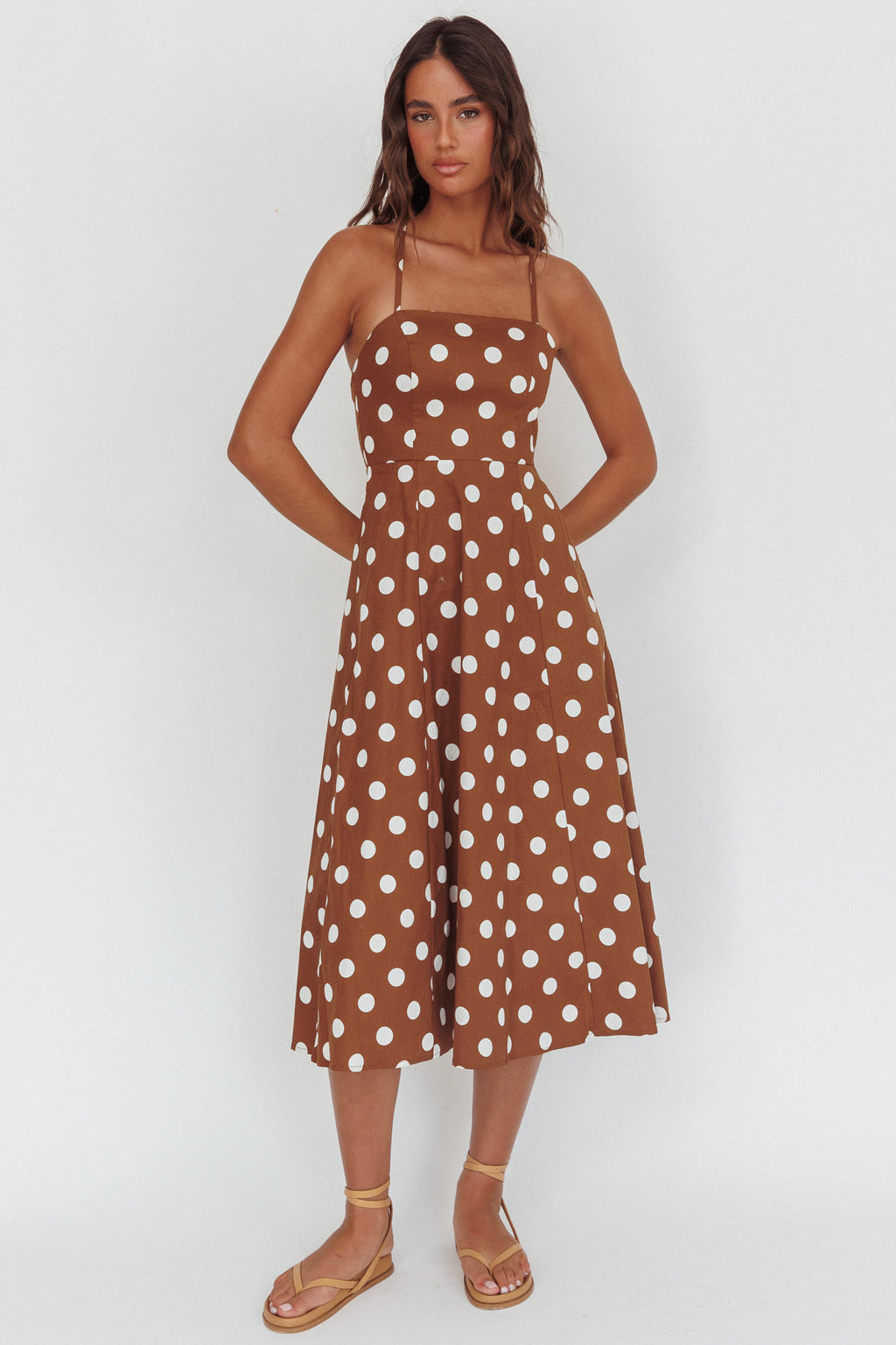 Second Glance Olga Criss-Cross Back Midi Dress Polka Dot Brown by Selfie Leslie