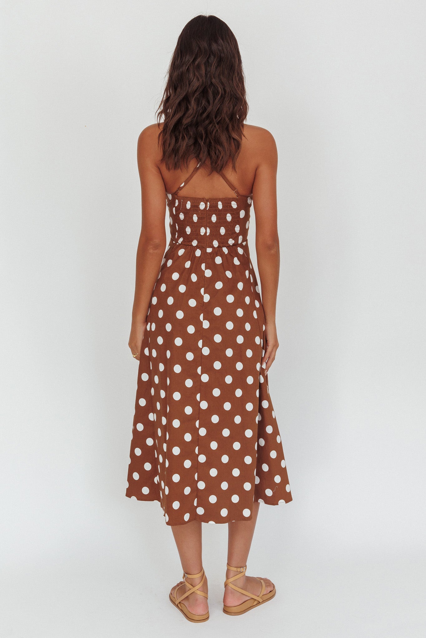 Second Glance Olga Criss-Cross Back Midi Dress Polka Dot Brown by Selfie Leslie