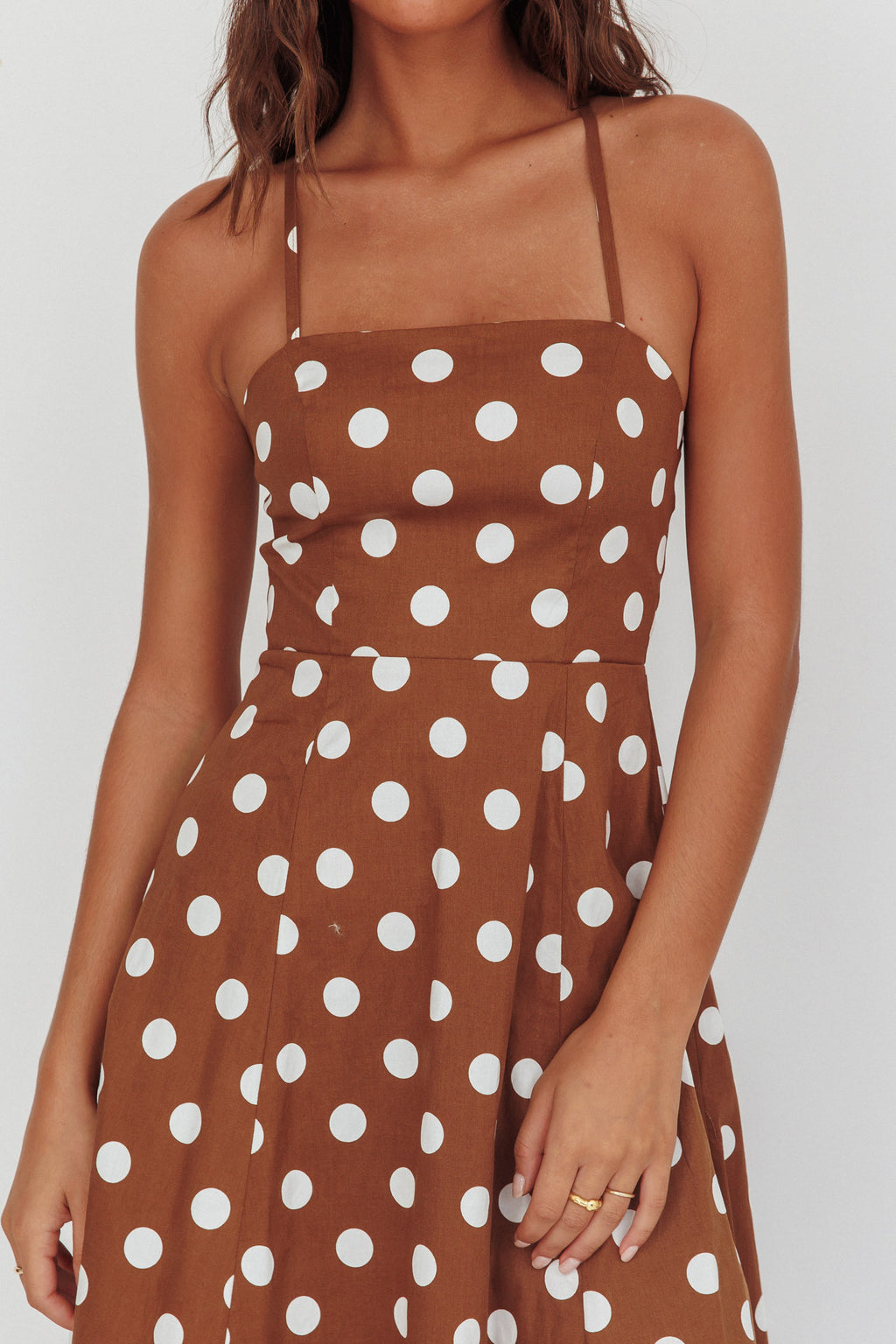 Second Glance Olga Criss-Cross Back Midi Dress Polka Dot Brown by Selfie Leslie