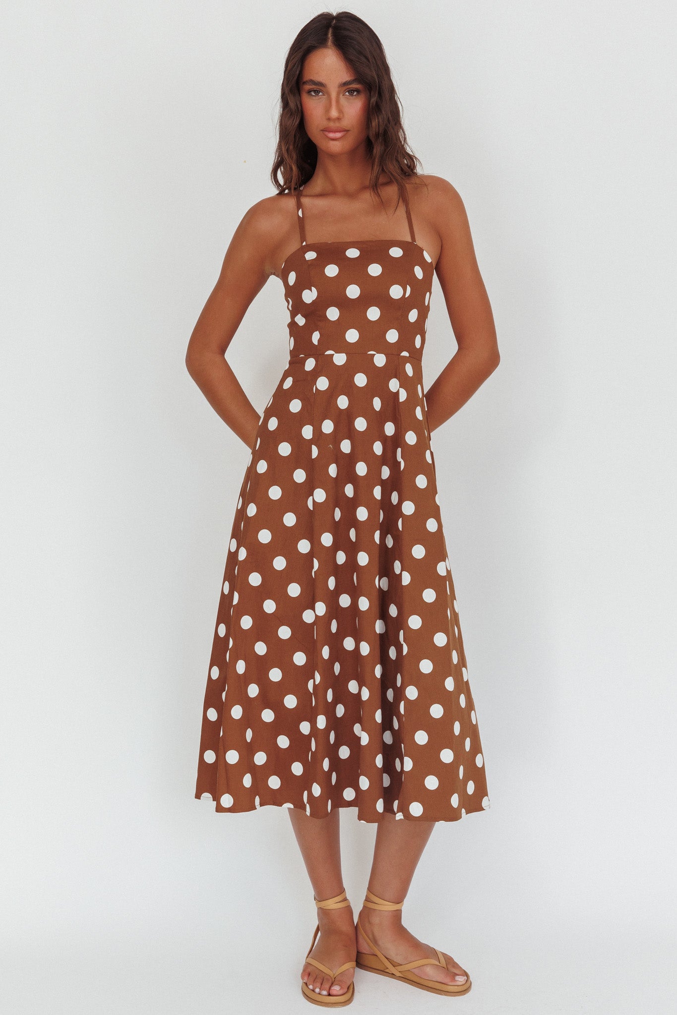 Second Glance Olga Criss-Cross Back Midi Dress Polka Dot Brown by Selfie Leslie
