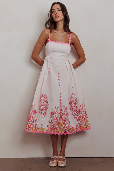 Asami Floral Print Ric Rac Trim Midi Dress Blush | Selfie Leslie
