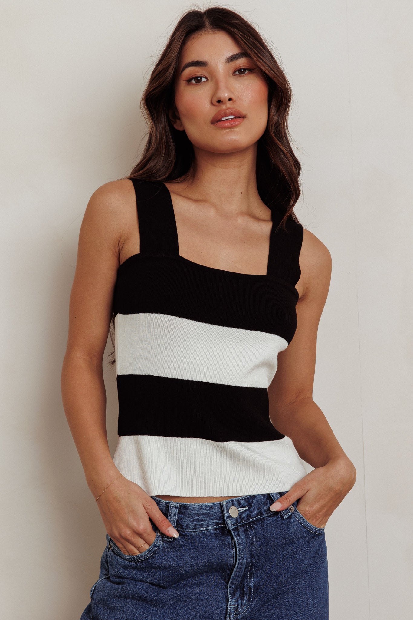 Lisa Striped Knit Tank Top Black White by Selfie Leslie