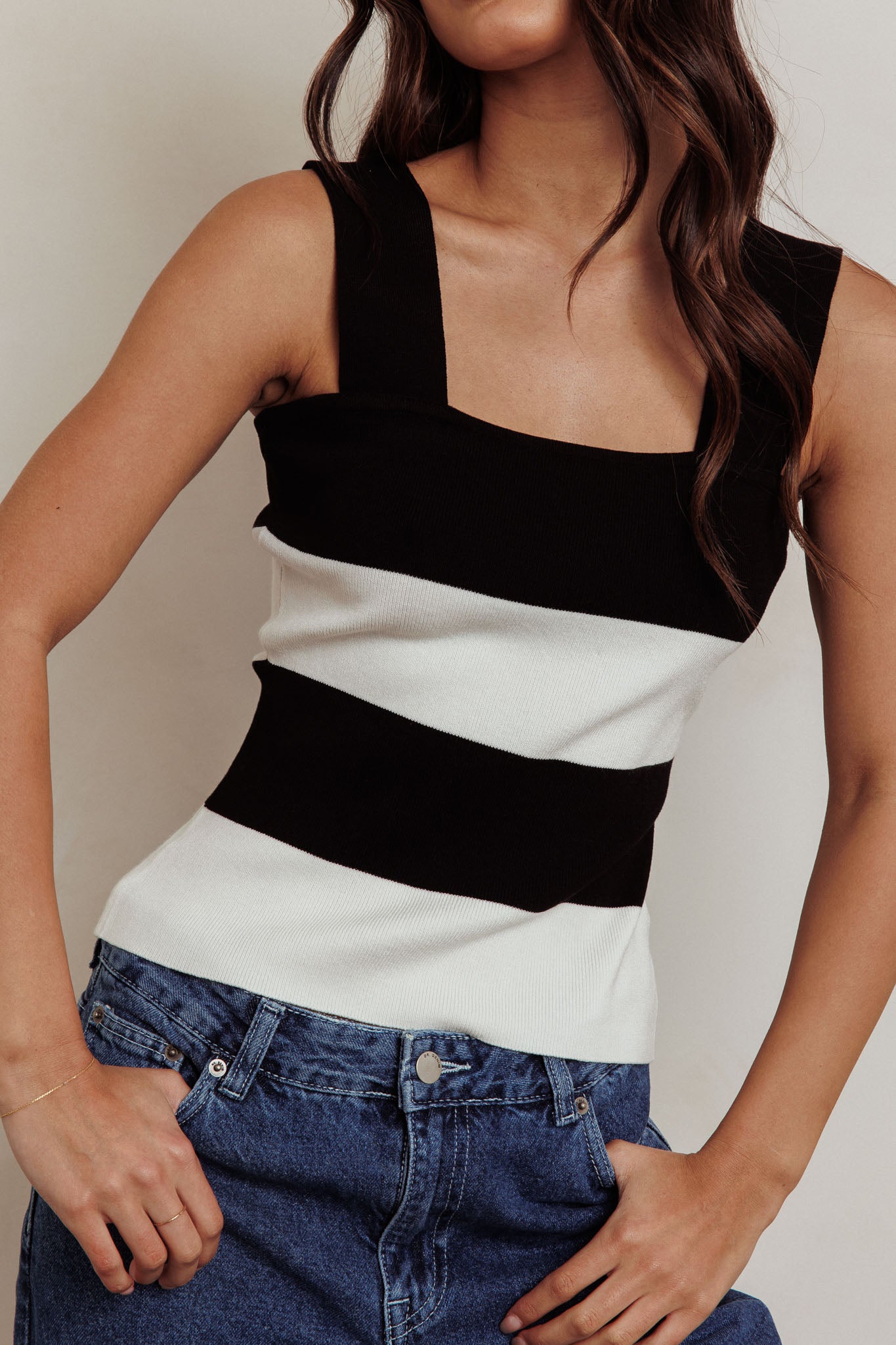 Lisa Striped Knit Tank Top Black White by Selfie Leslie
