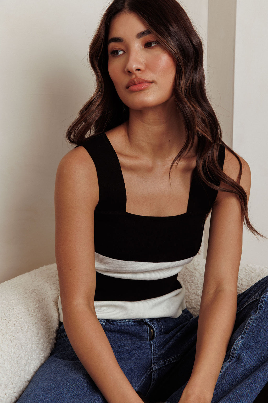 Lisa Striped Knit Tank Top Black White by Selfie Leslie