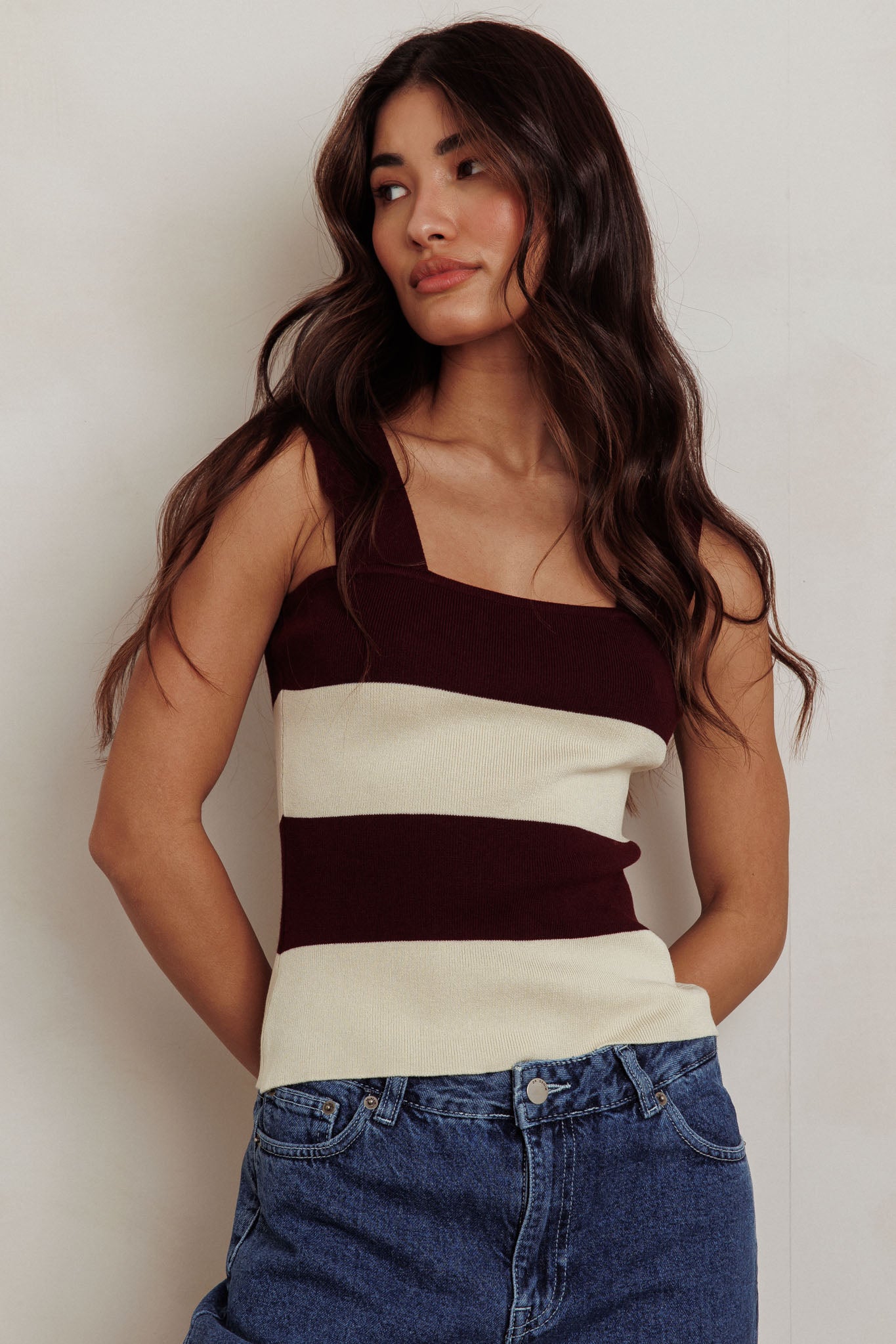 Lisa Striped Knit Tank Top Red Bean by Selfie Leslie
