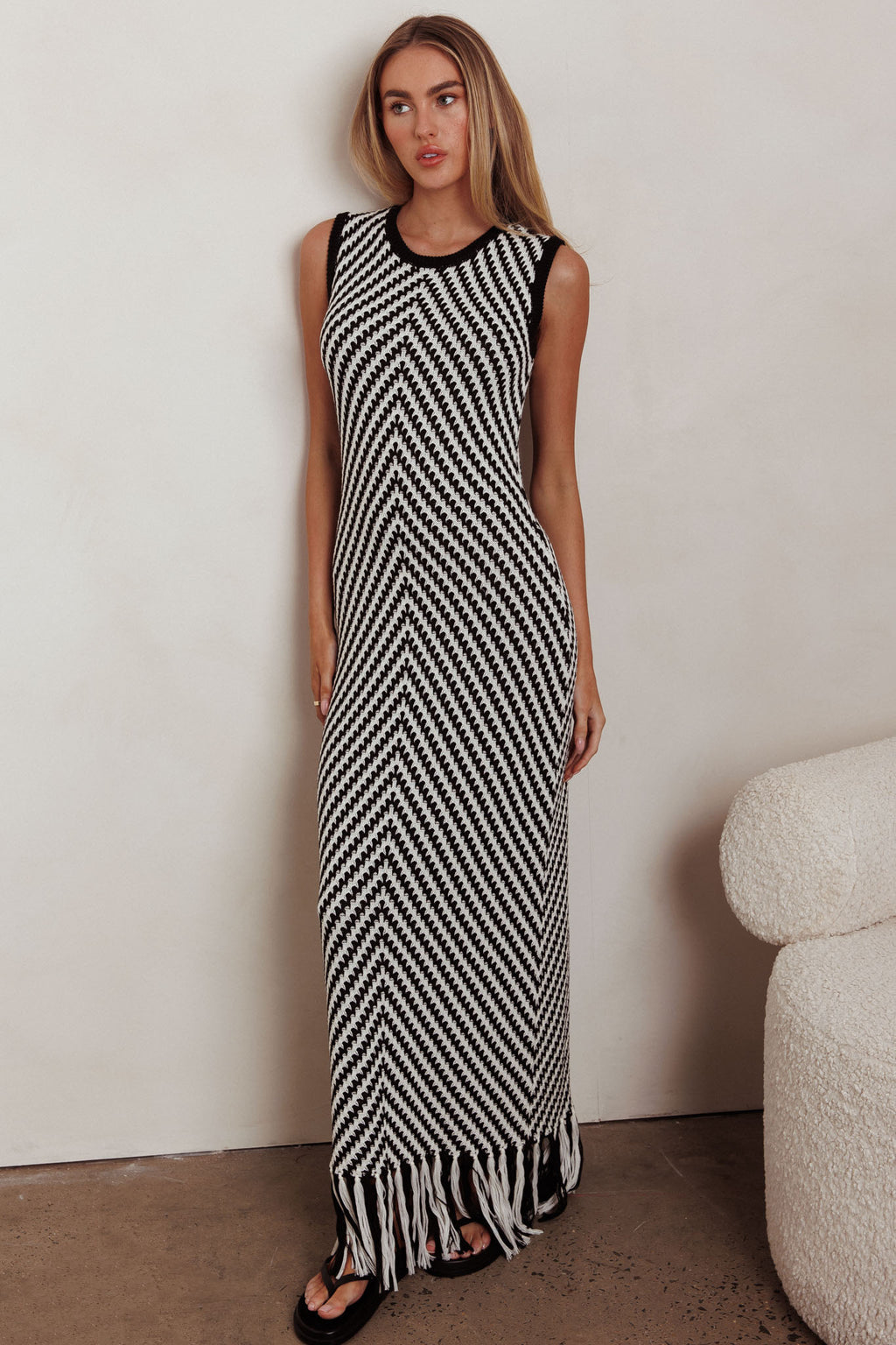 Same Place Fringed Knit Maxi Dress Black by Selfie Leslie