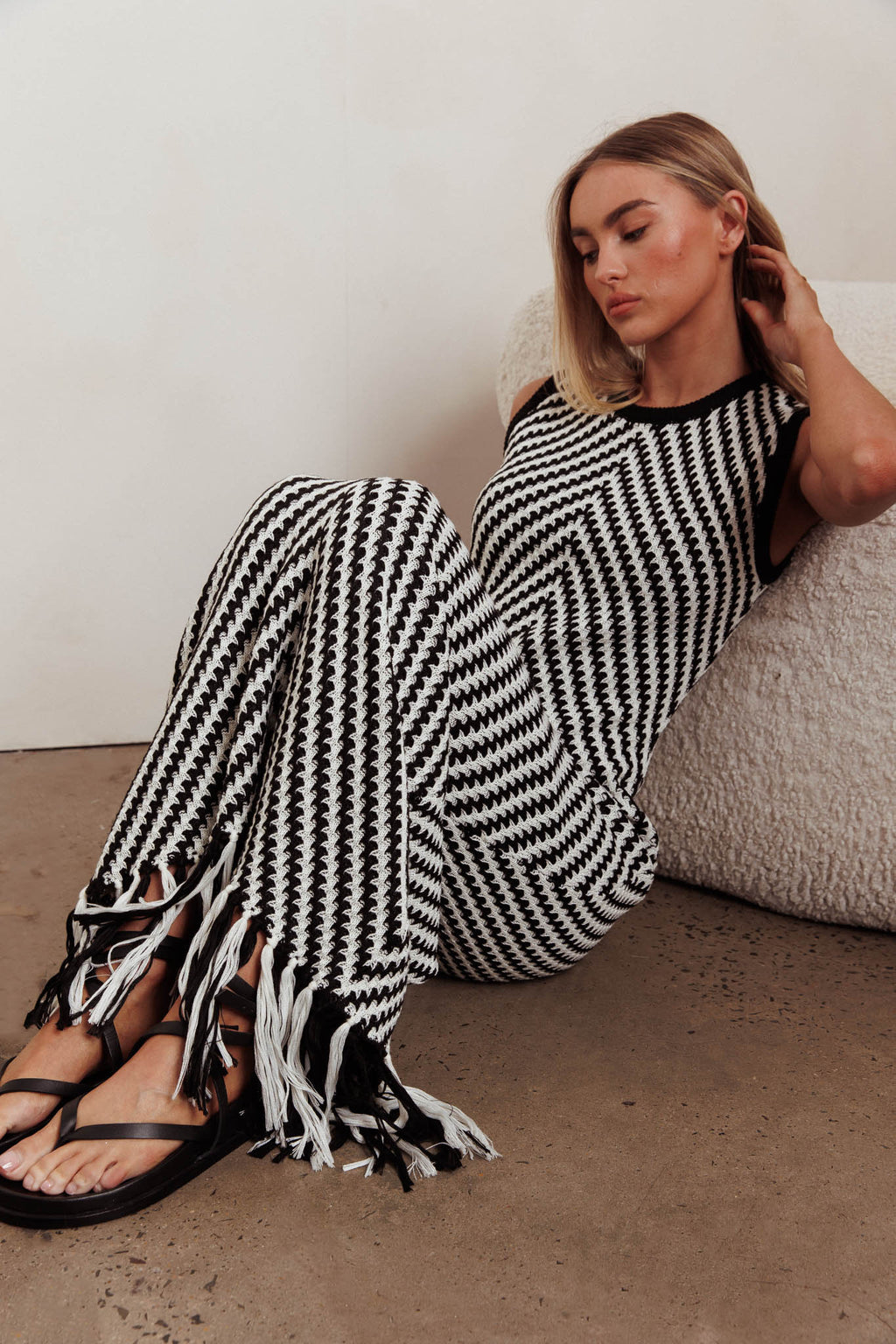 Same Place Fringed Knit Maxi Dress Black by Selfie Leslie