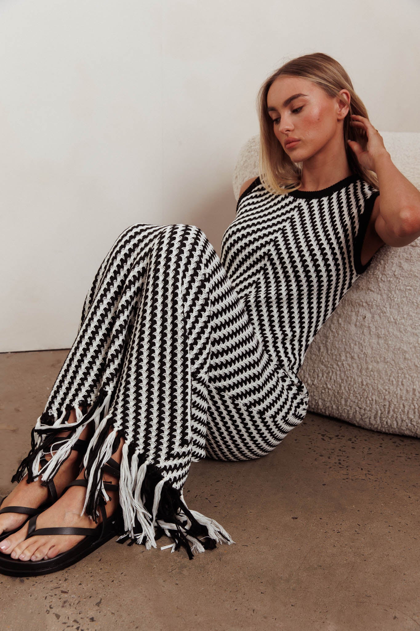 Same Place Fringed Knit Maxi Dress Black by Selfie Leslie