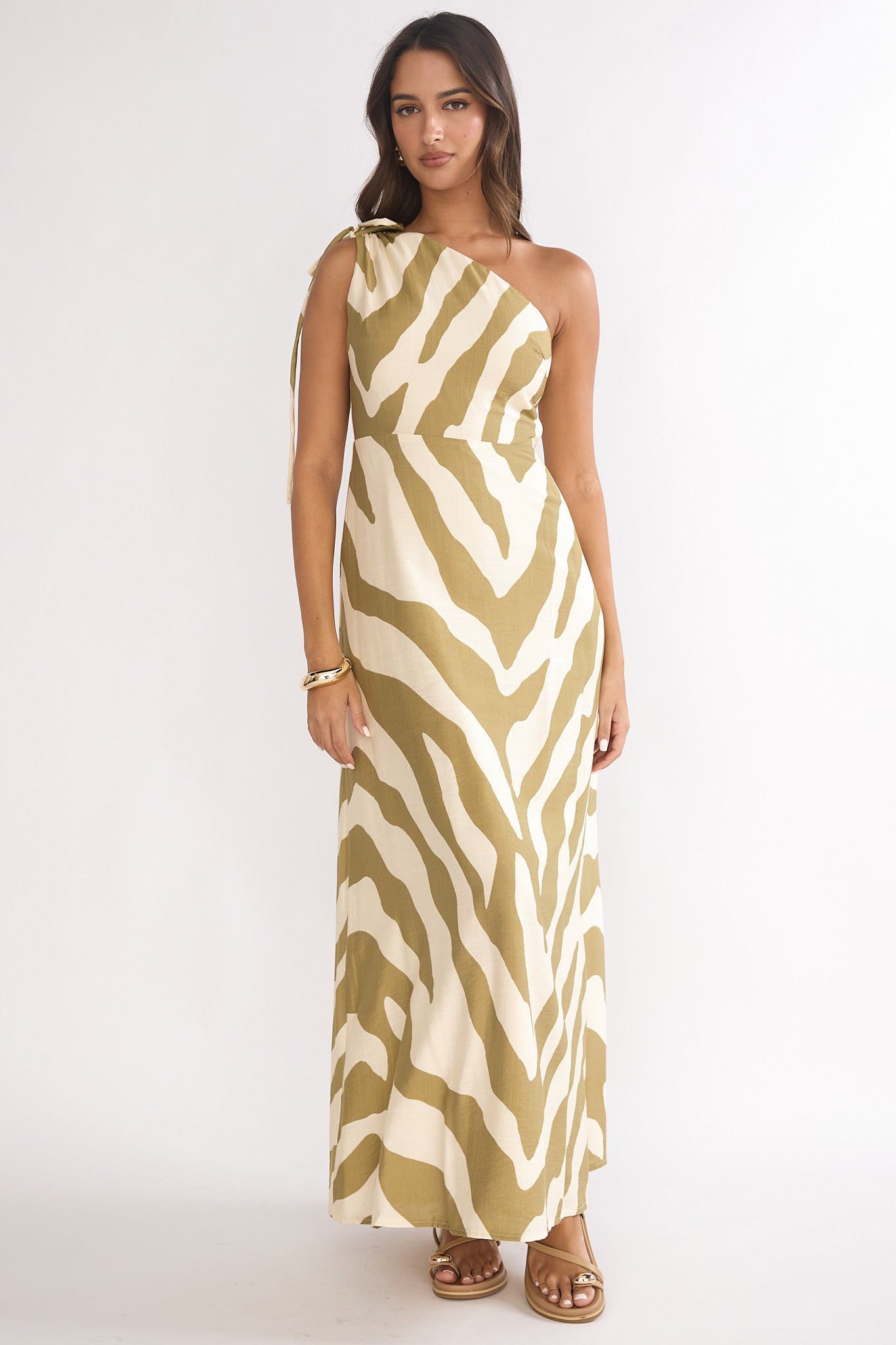 Tavina One-Shoulder Maxi Dress Zebra Khaki | Selfie Leslie