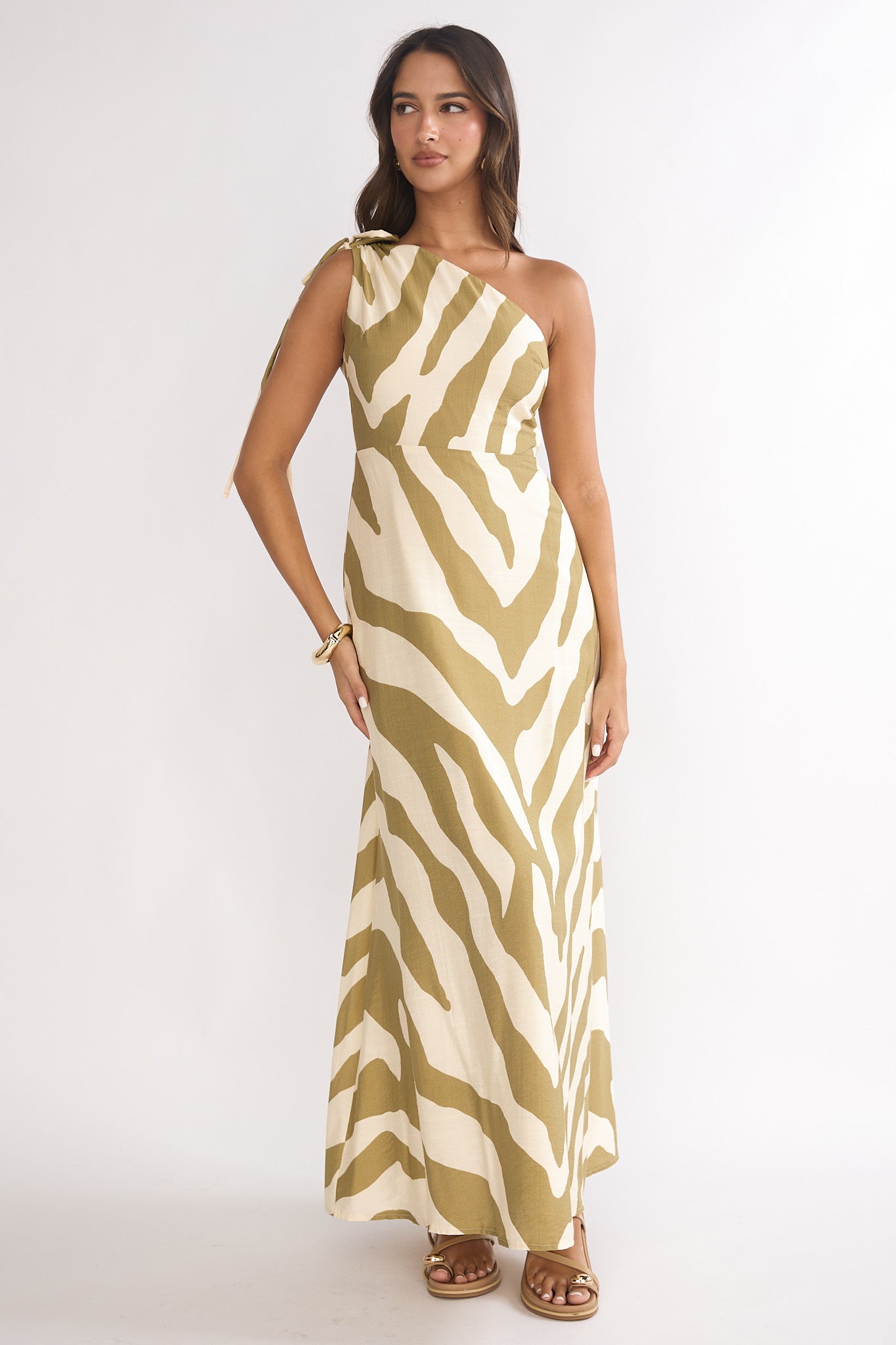 Tavina One-Shoulder Maxi Dress Zebra Khaki | Selfie Leslie