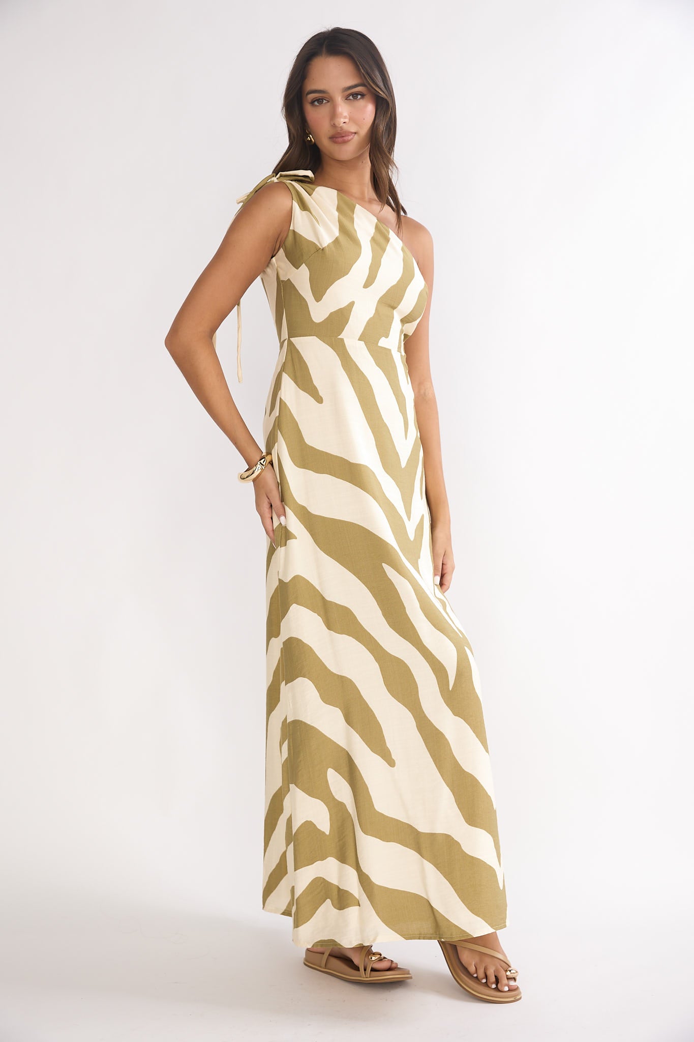 SISANDI MIES BRAZILIAN savannah tan サイズ1 Tavina One-Shoulder Maxi Dress Zebra Khaki | Selfie Leslie