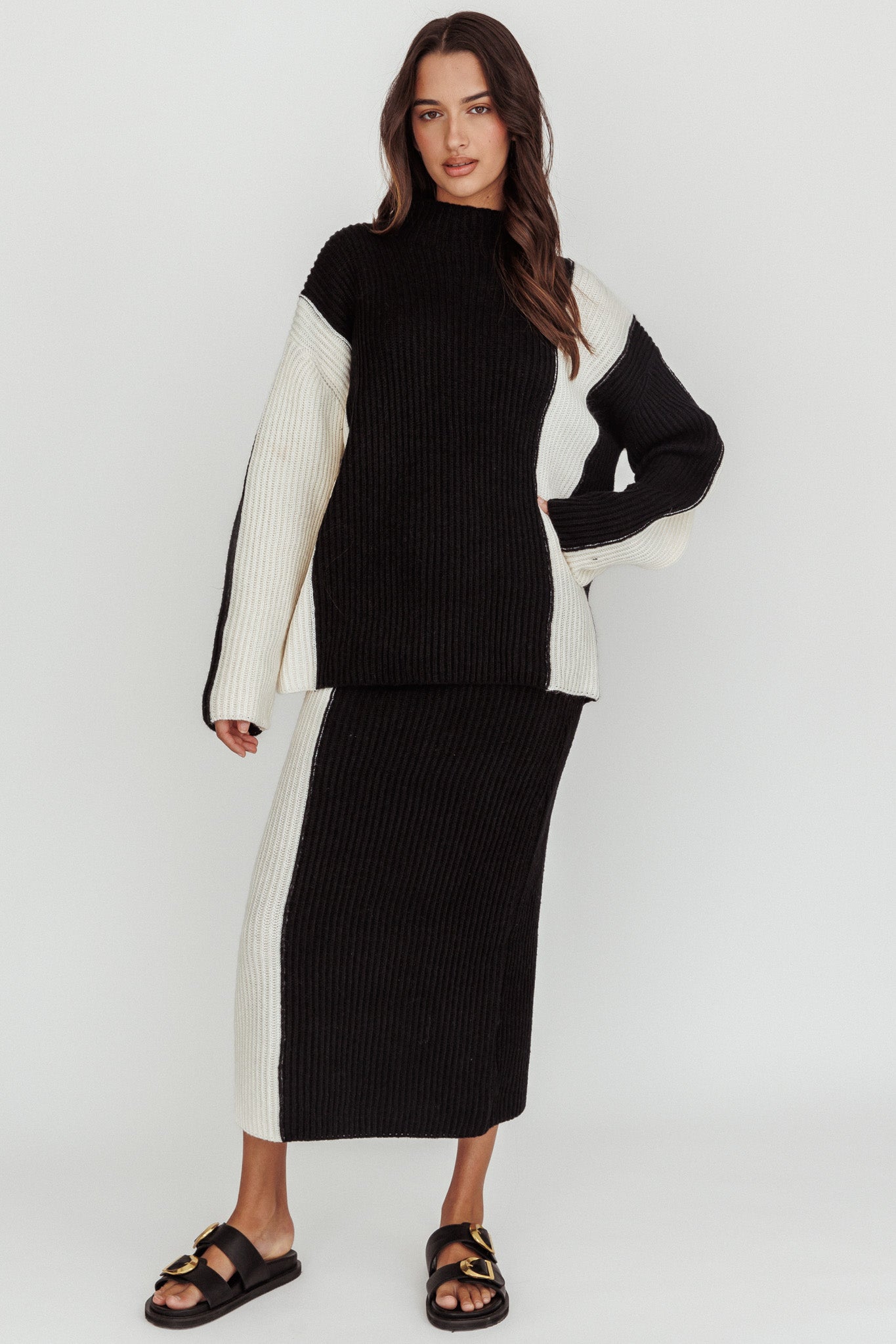 Eos Ribbed Knit Midi Skirt Black Cream by Selfie Leslie