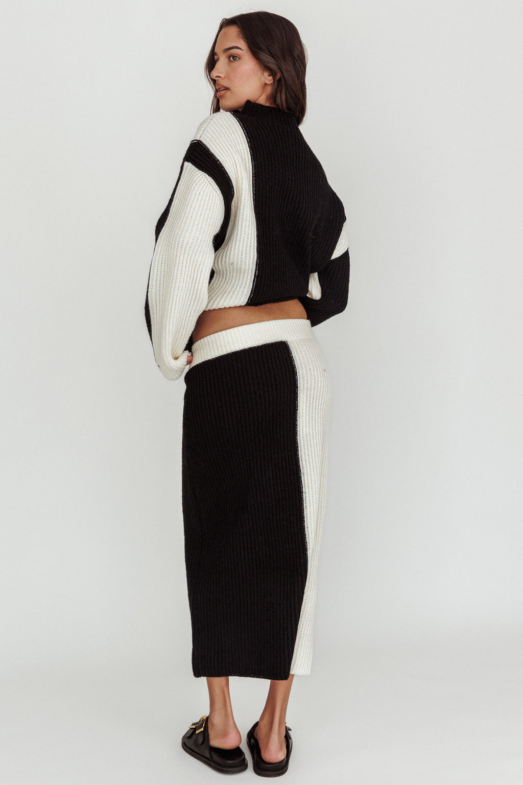 Eos Ribbed Knit Midi Skirt Black Cream by Selfie Leslie