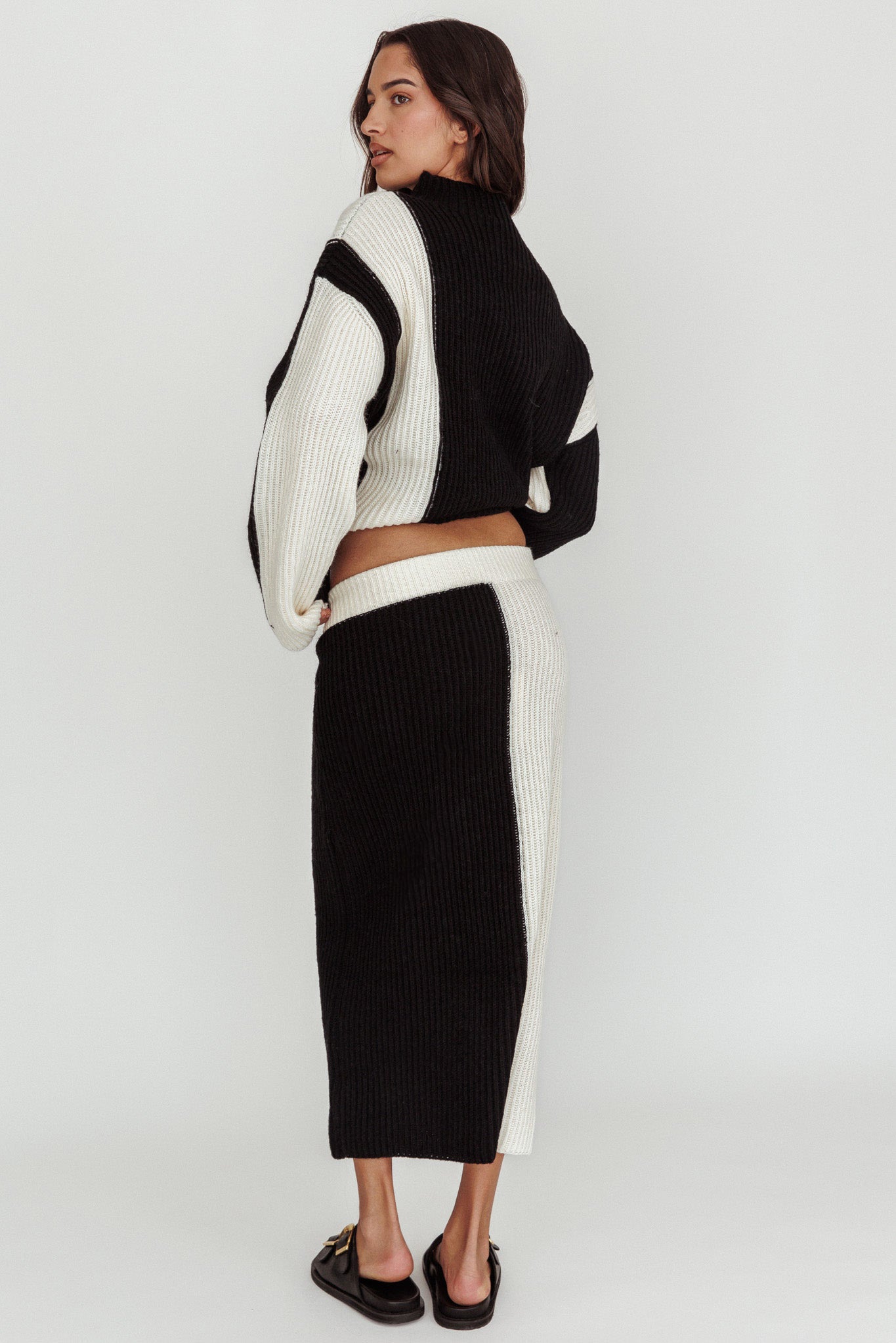 Eos Ribbed Knit Midi Skirt Black Cream by Selfie Leslie