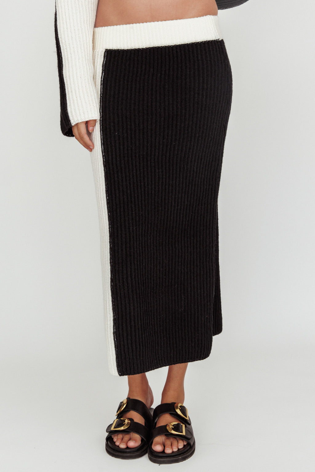 Eos Ribbed Knit Midi Skirt Black Cream by Selfie Leslie