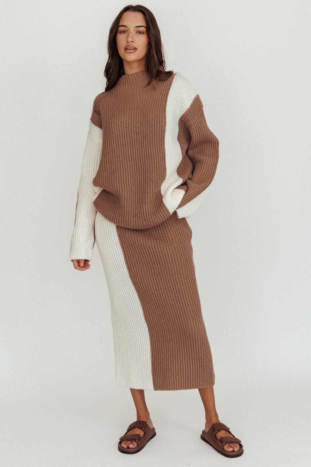 Eos Ribbed Knit Midi Skirt Mocha Cream by Selfie Leslie
