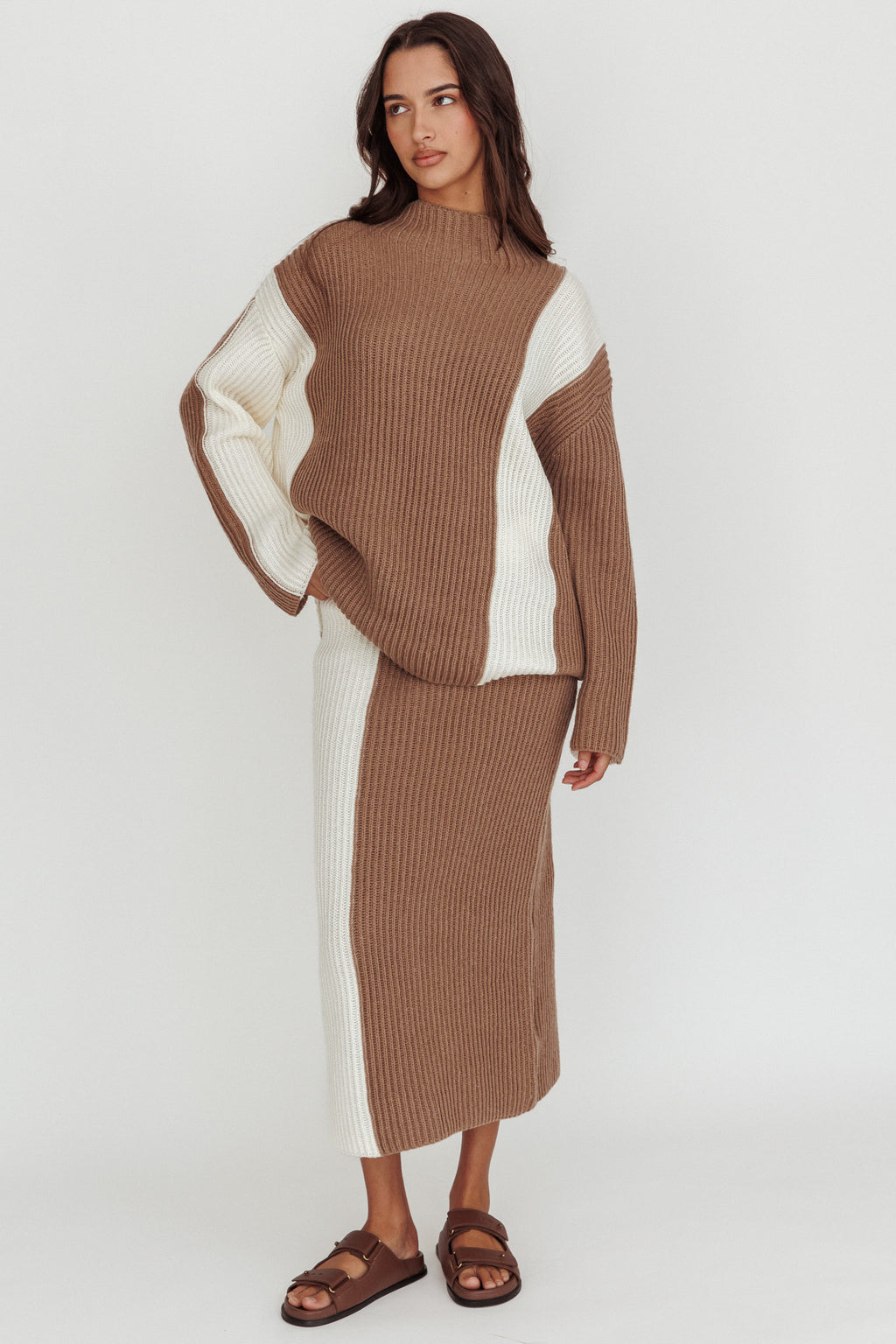 Eos Ribbed Knit Midi Skirt Mocha Cream by Selfie Leslie