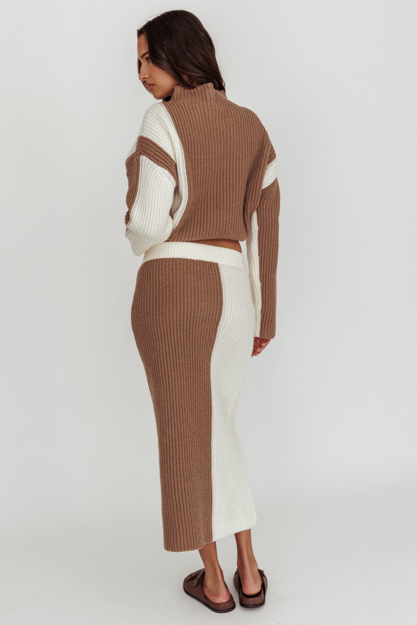 Eos Ribbed Knit Midi Skirt Mocha Cream by Selfie Leslie