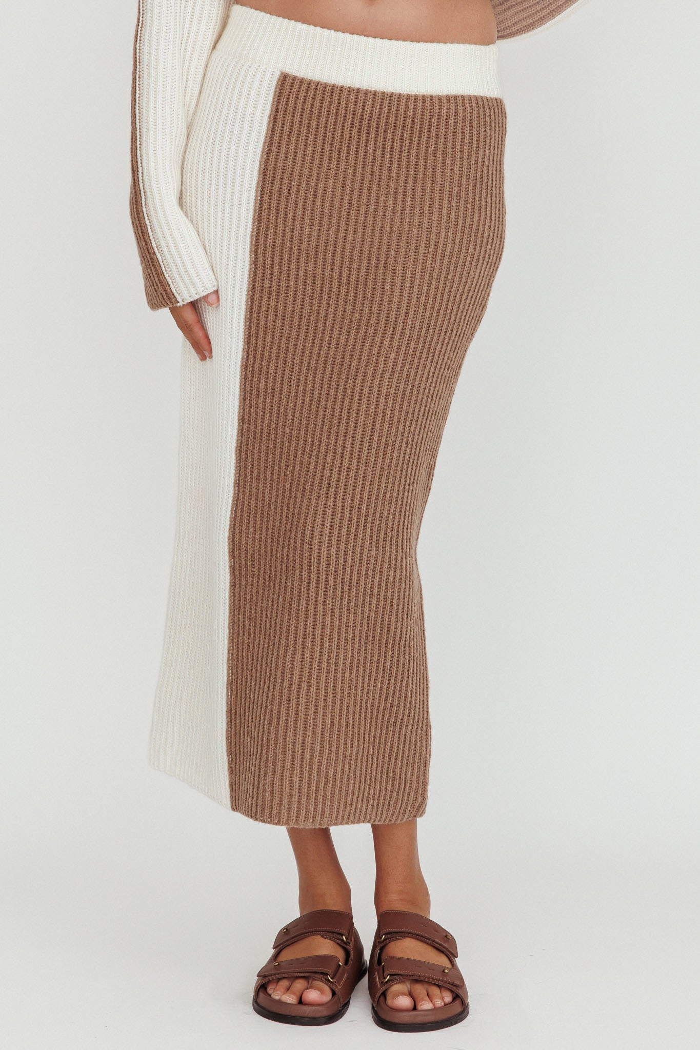 Eos Ribbed Knit Midi Skirt Mocha Cream by Selfie Leslie