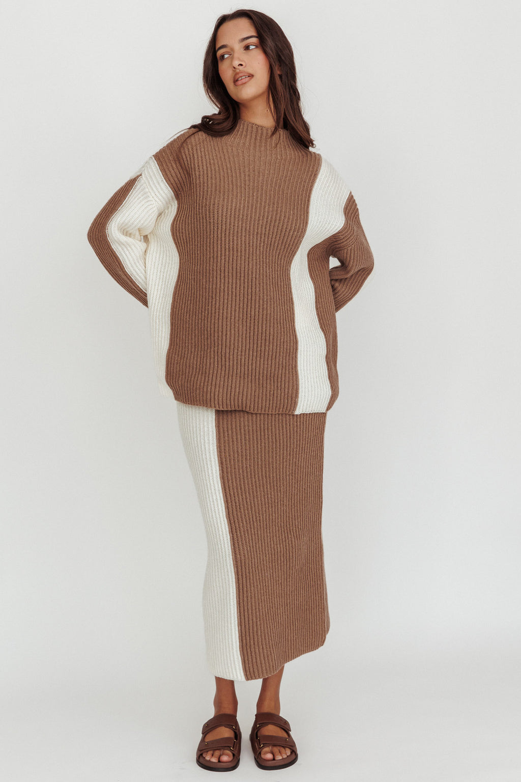 Eos Ribbed Knit Midi Skirt Mocha Cream by Selfie Leslie