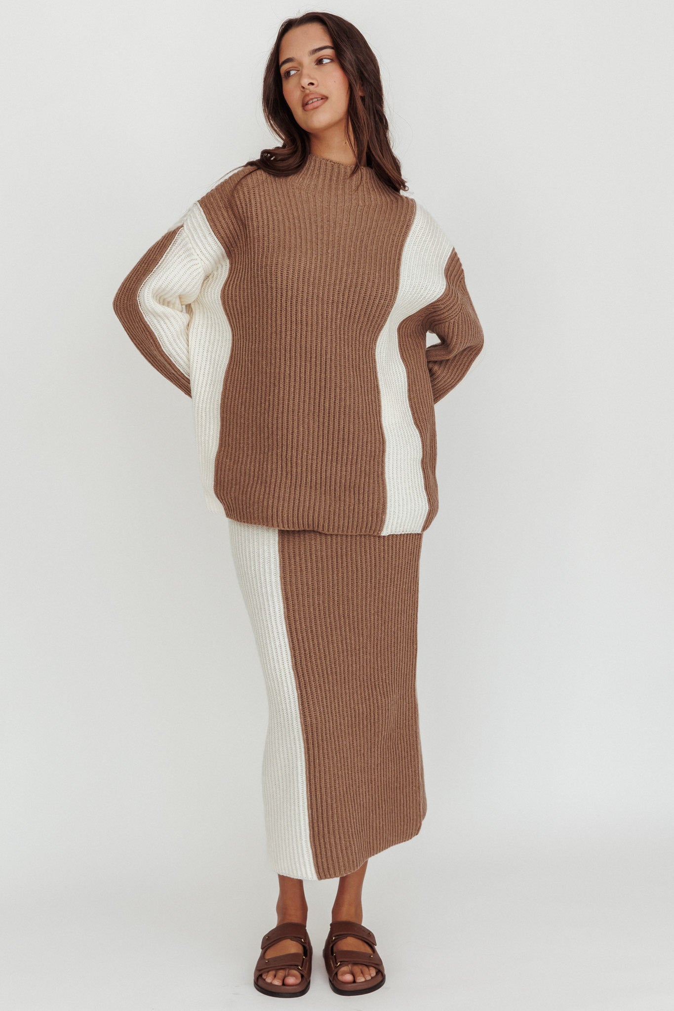 Eos Ribbed Knit Midi Skirt Mocha Cream by Selfie Leslie
