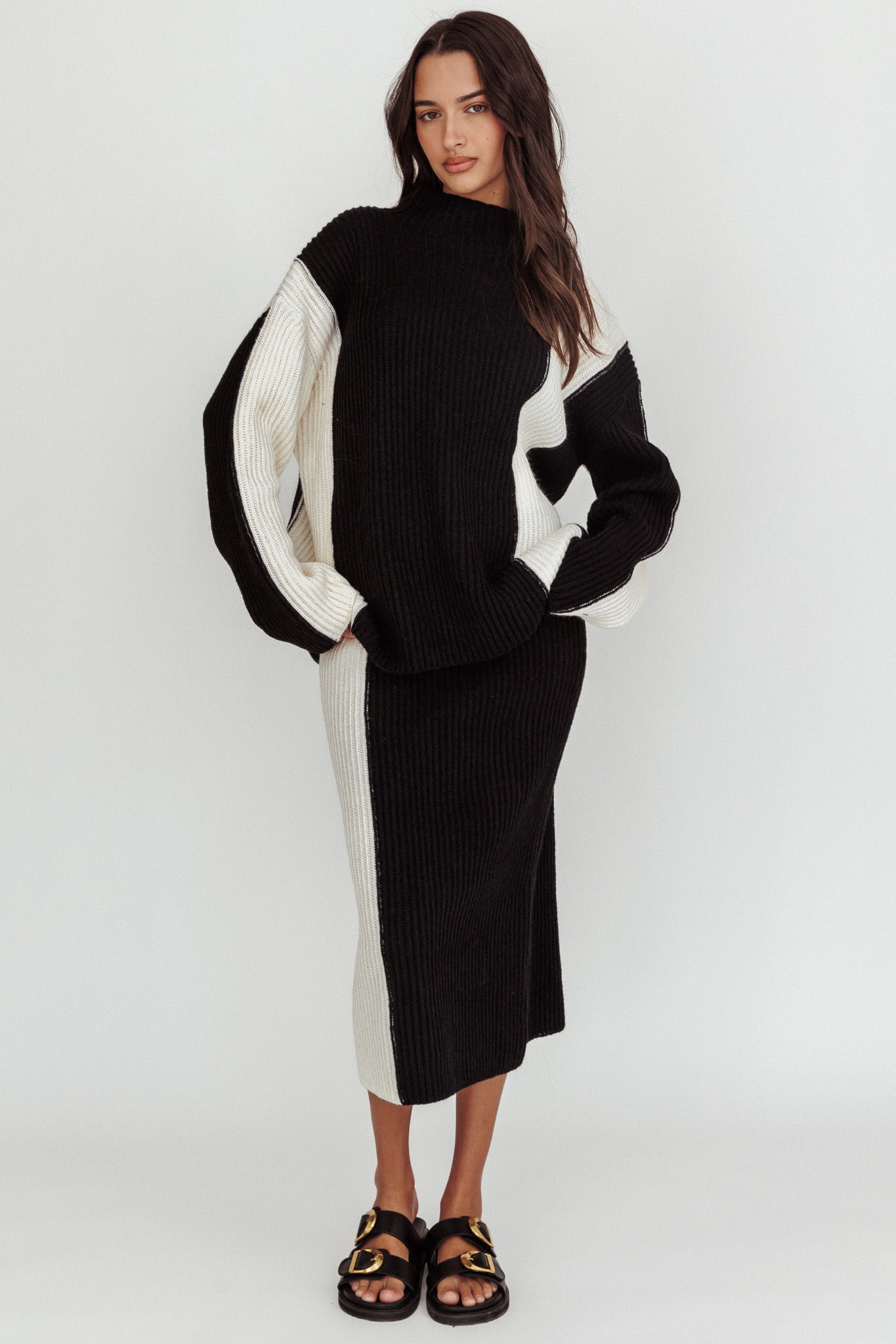 Eos Ribbed Mock Neck Knit Jumper Black Cream by Selfie Leslie