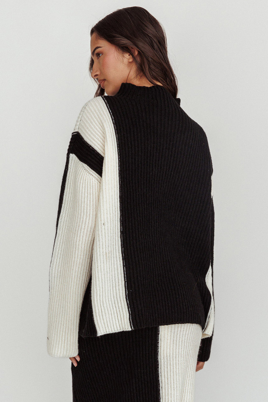 Eos Ribbed Mock Neck Knit Jumper Black Cream by Selfie Leslie