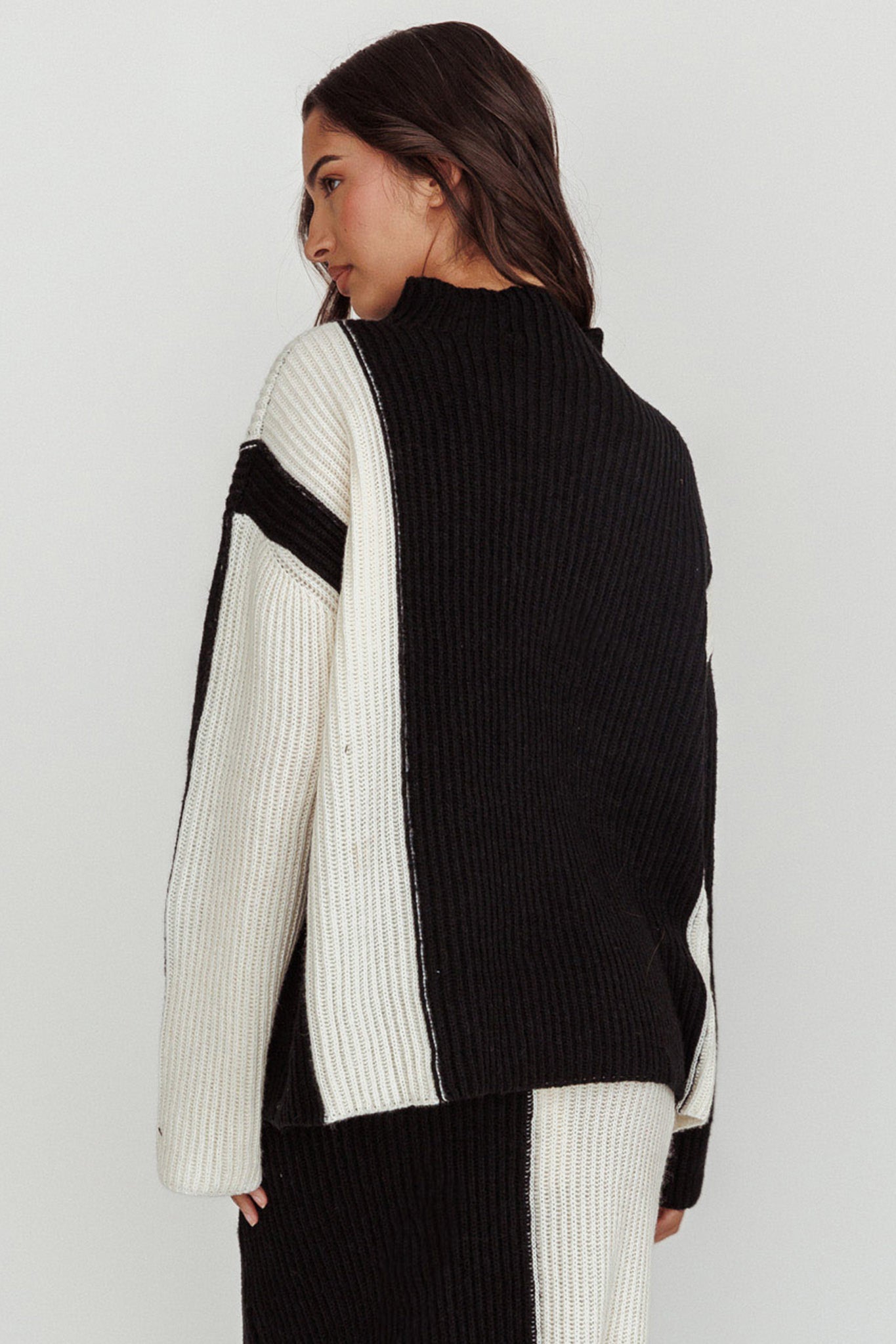 Eos Ribbed Mock Neck Knit Jumper Black Cream by Selfie Leslie