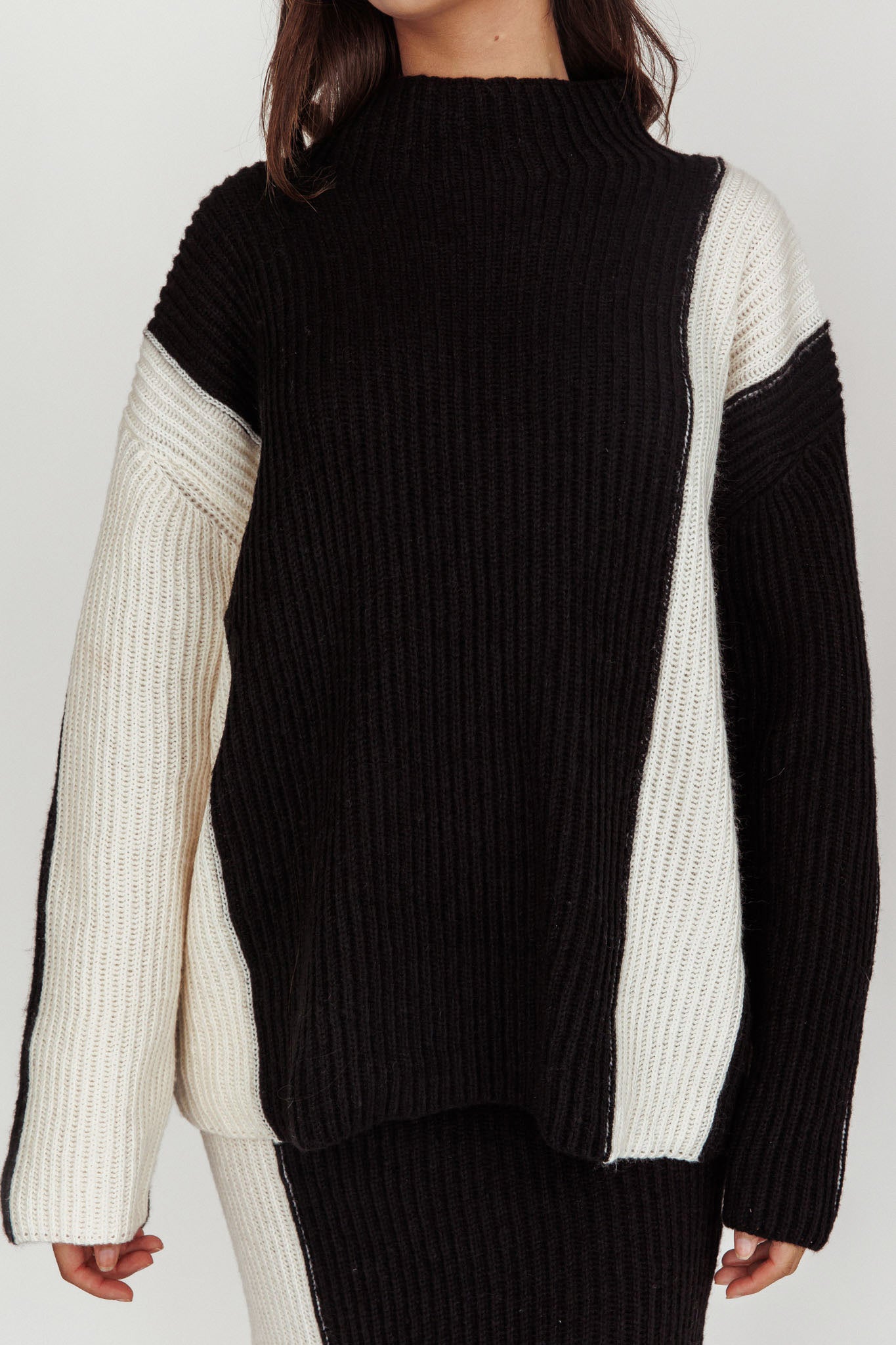 Eos Ribbed Mock Neck Knit Jumper Black Cream by Selfie Leslie