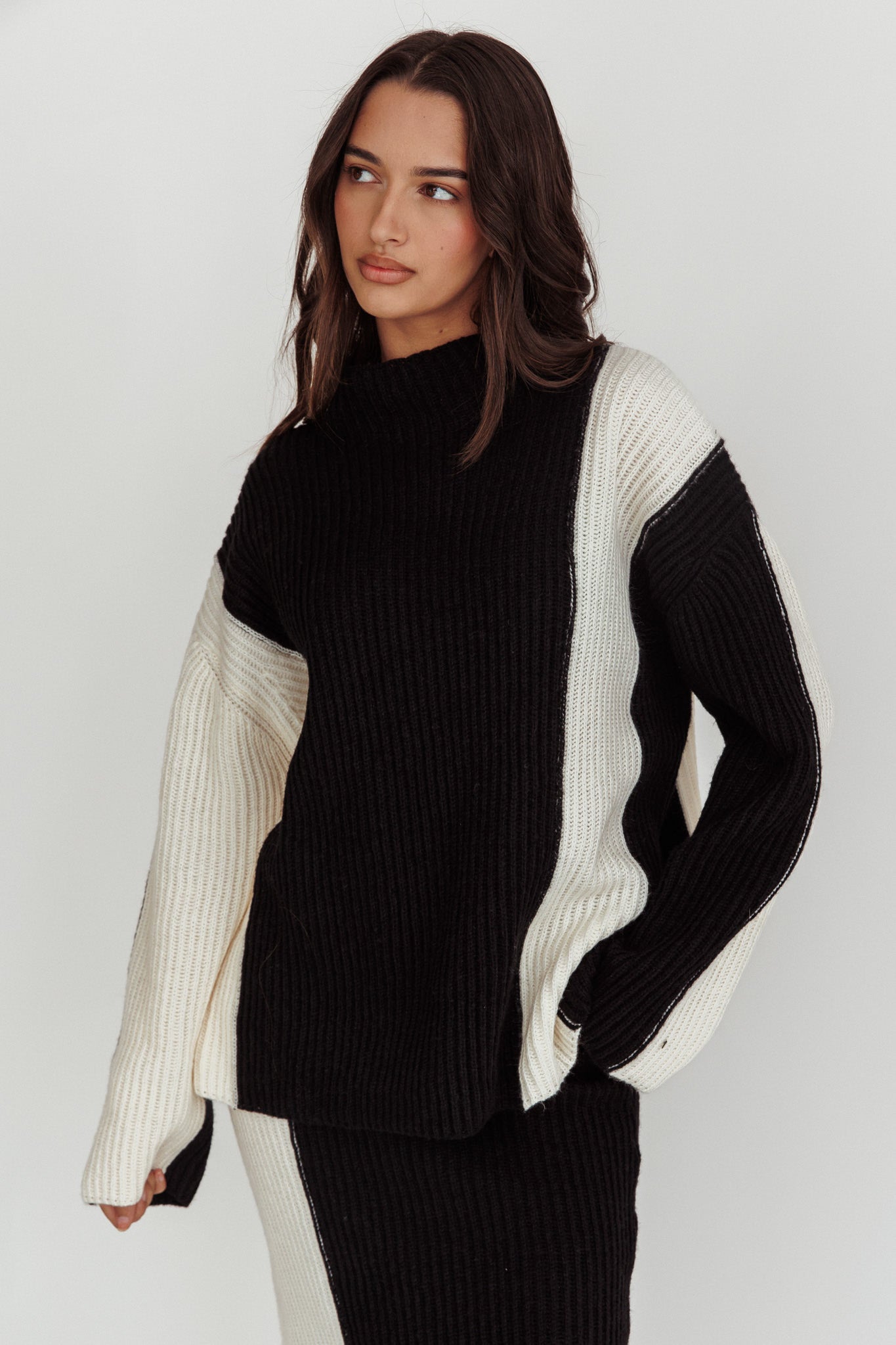 Eos Ribbed Mock Neck Knit Jumper Black Cream by Selfie Leslie