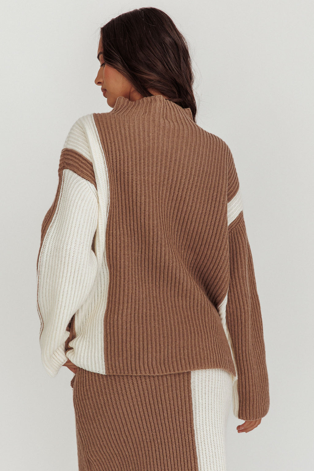 Eos Ribbed Mock Neck Knit Jumper Mocha Cream by Selfie Leslie