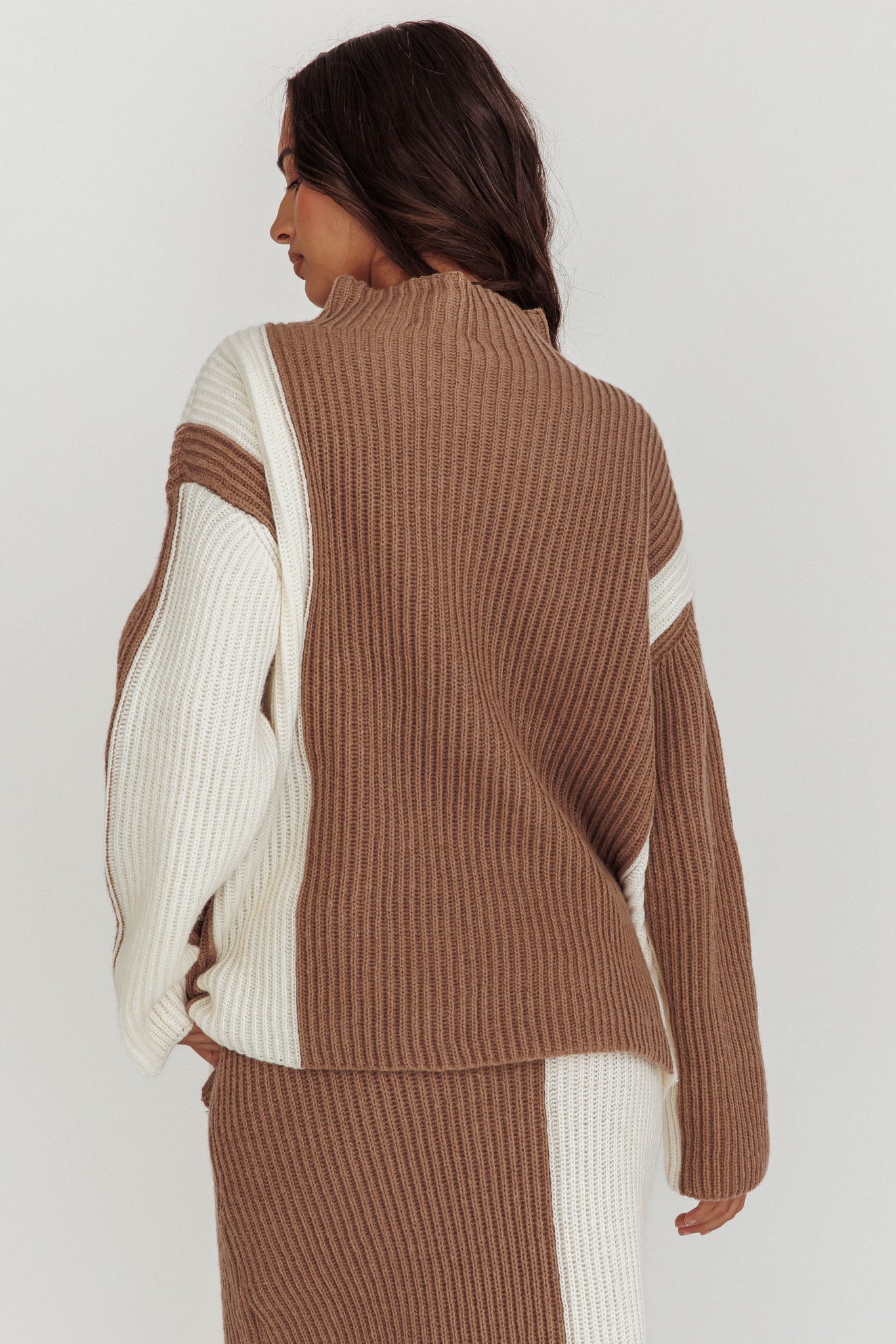 Eos Ribbed Mock Neck Knit Jumper Mocha Cream by Selfie Leslie