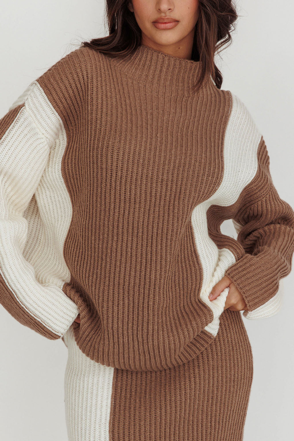 Eos Ribbed Mock Neck Knit Jumper Mocha Cream by Selfie Leslie