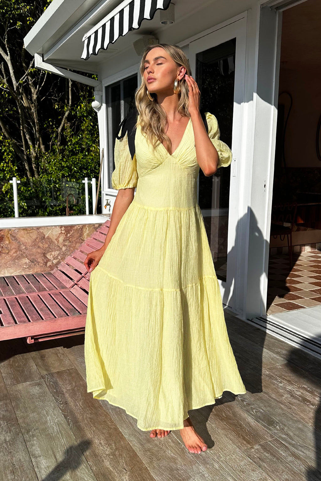 Sinta Bow Shoulder Puff Sleeve Maxi Dress Lemon by Selfie Leslie