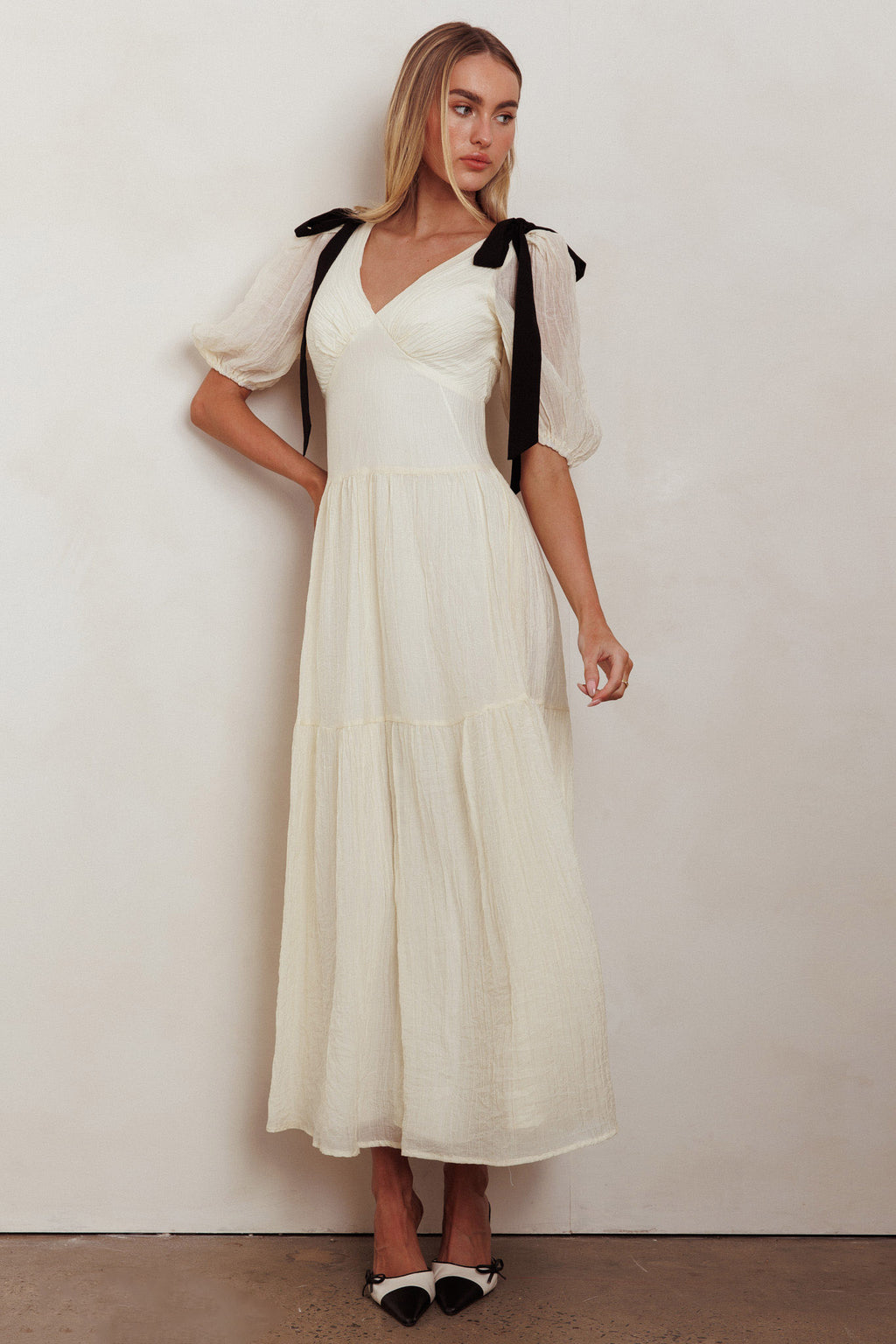 Sinta Bow Shoulder Puff Sleeve Maxi Dress Cream by Selfie Leslie