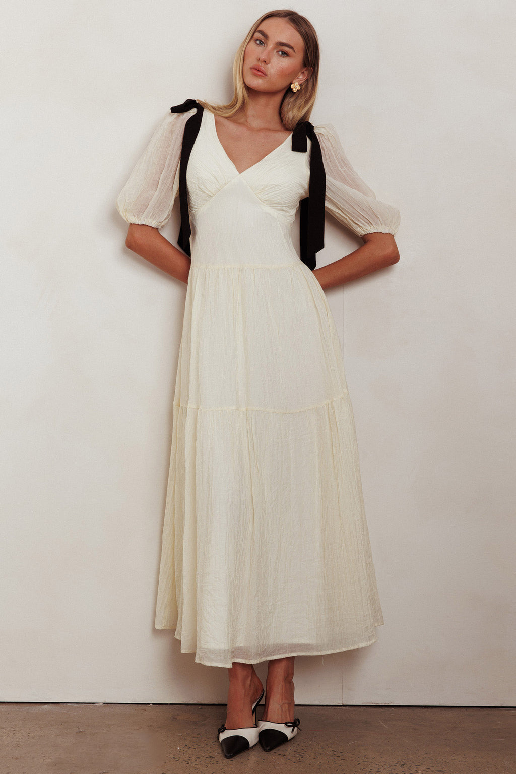 Sinta Bow Shoulder Puff Sleeve Maxi Dress Cream by Selfie Leslie