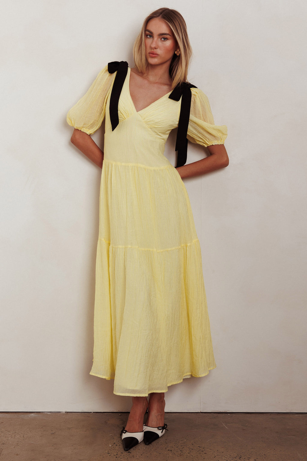 Sinta Bow Shoulder Puff Sleeve Maxi Dress Lemon by Selfie Leslie