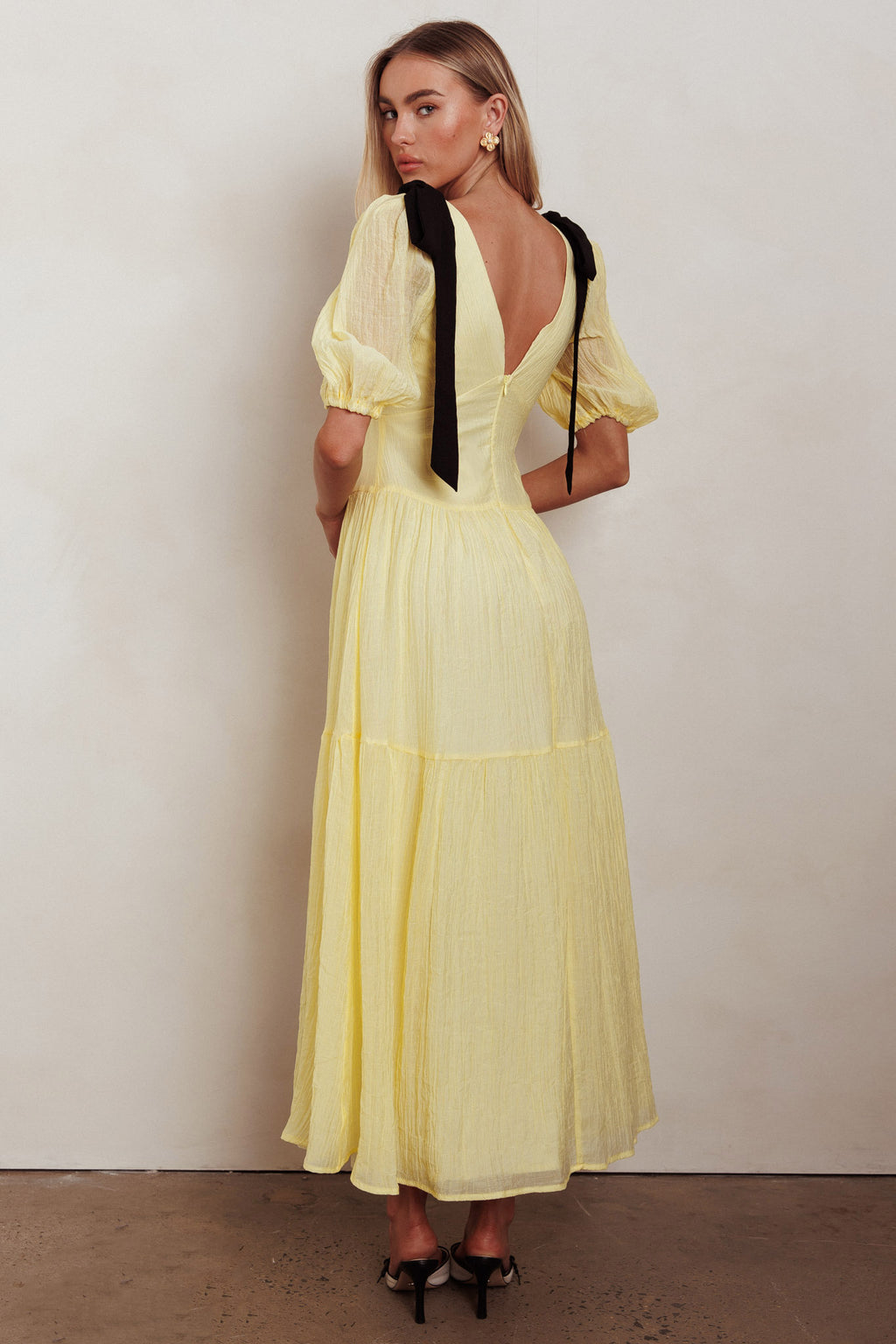Sinta Bow Shoulder Puff Sleeve Maxi Dress Lemon by Selfie Leslie
