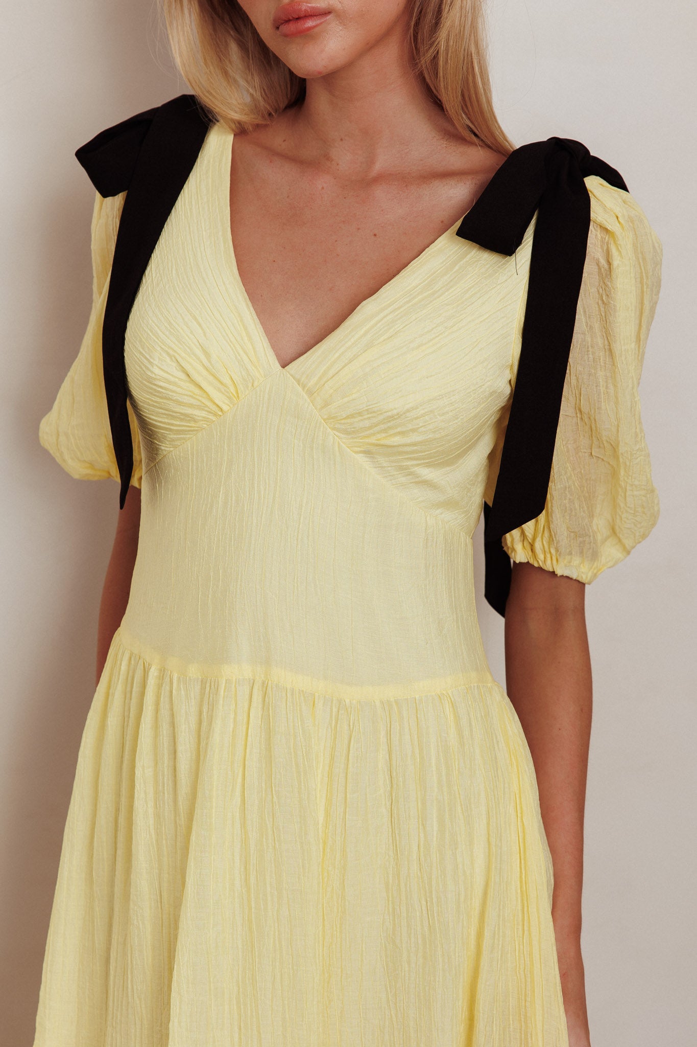 Sinta Bow Shoulder Puff Sleeve Maxi Dress Lemon by Selfie Leslie