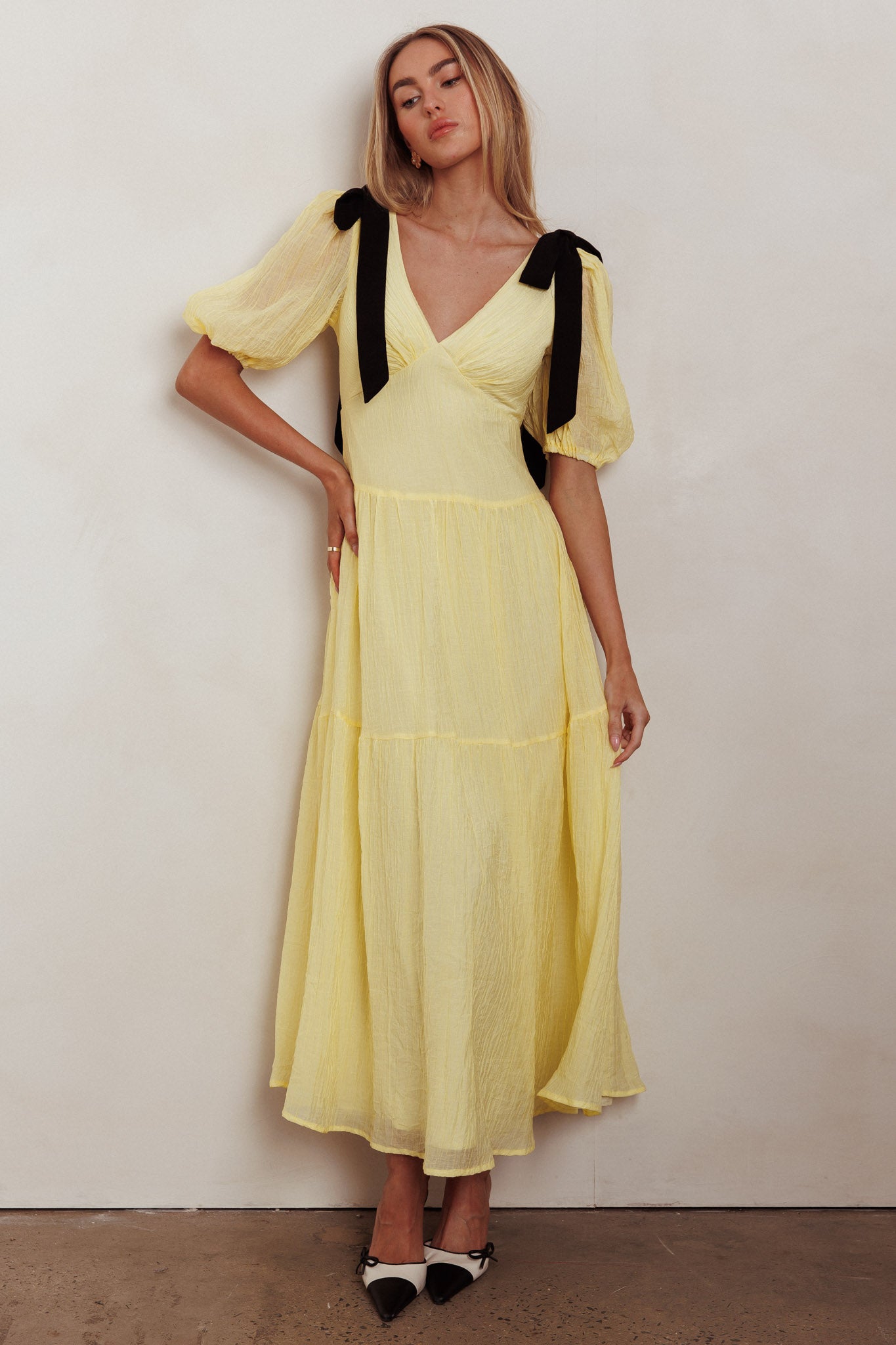 Sinta Bow Shoulder Puff Sleeve Maxi Dress Lemon by Selfie Leslie