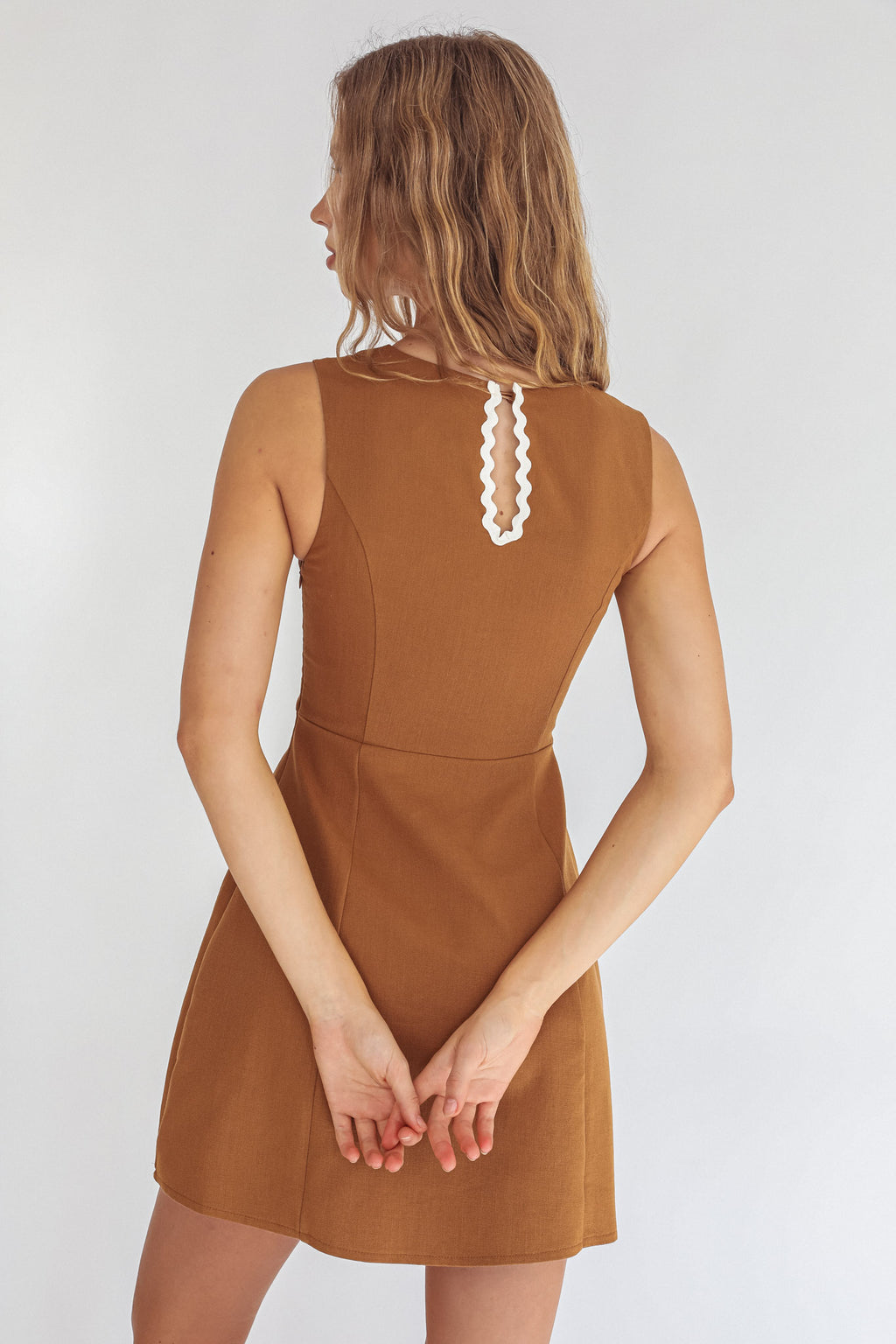 Make You Mine V-Neck Ric-Rac Mini Dress Brown by Selfie Leslie